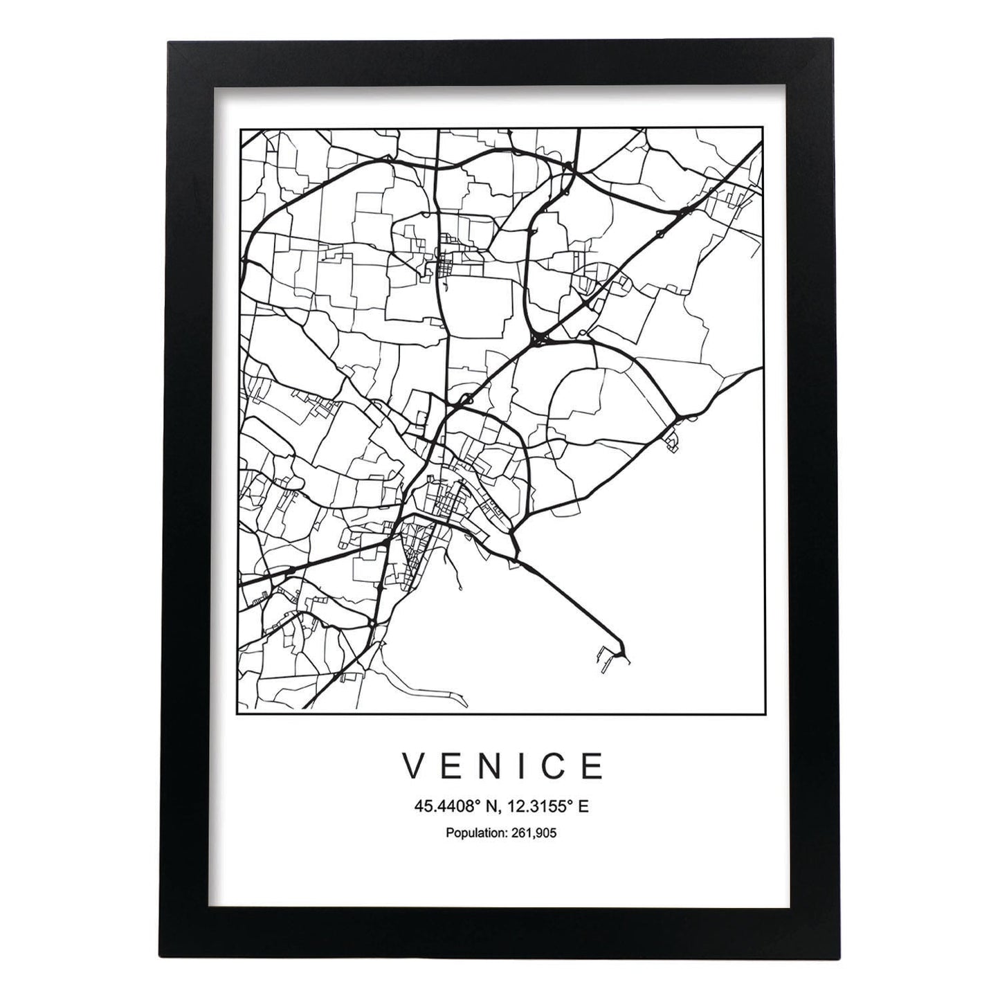Lámina Mapa de la Ciudad Venice Estilo nordico en Blanco y negro.-Artwork-Nacnic-A3-Marco Negro-Nacnic Estudio SL