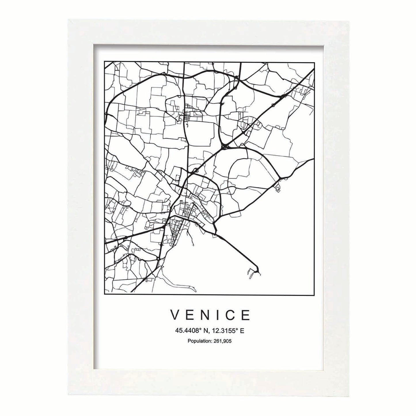 Lámina Mapa de la Ciudad Venice Estilo nordico en Blanco y negro.-Artwork-Nacnic-A4-Marco Blanco-Nacnic Estudio SL