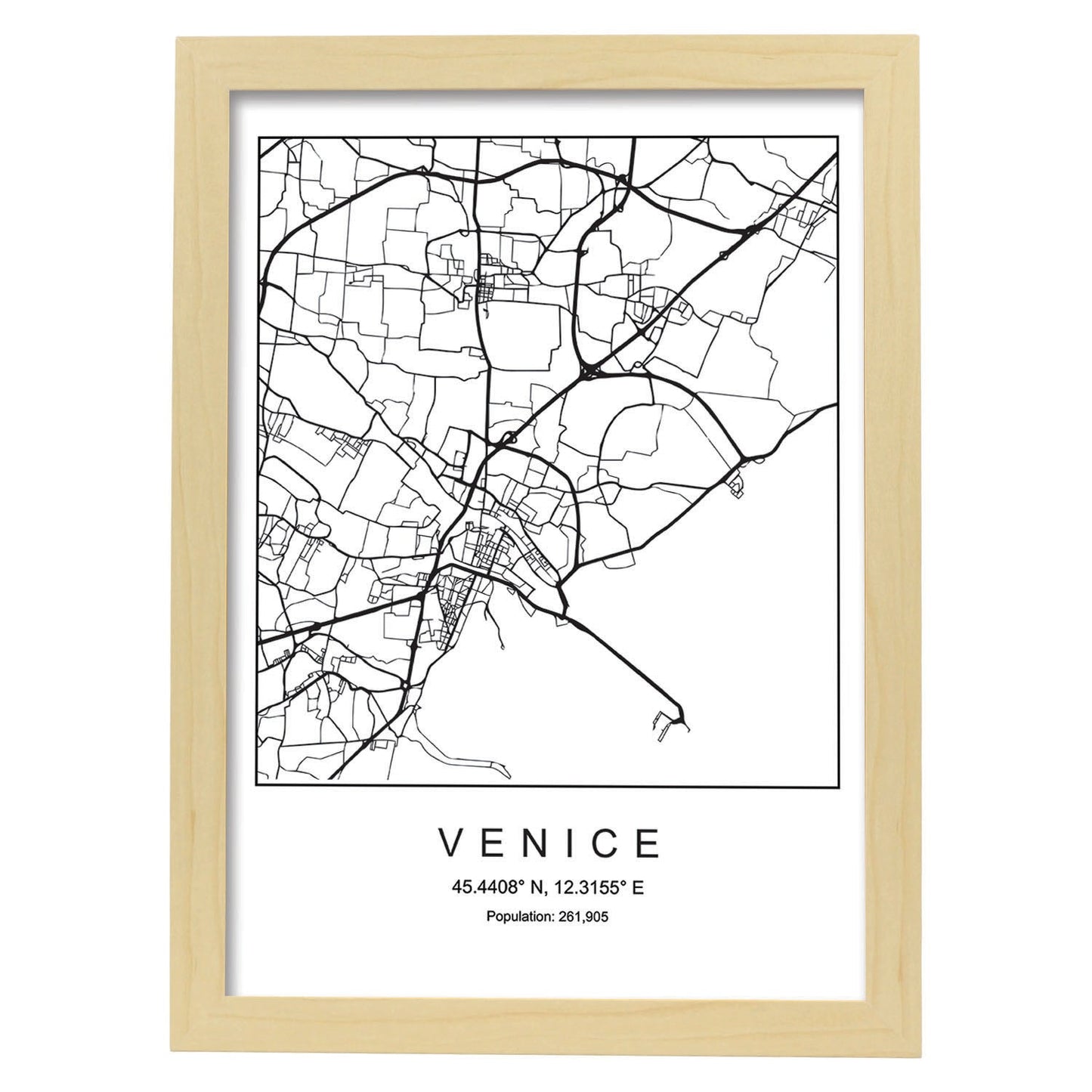 Lámina Mapa de la Ciudad Venice Estilo nordico en Blanco y negro.-Artwork-Nacnic-A4-Marco Madera clara-Nacnic Estudio SL