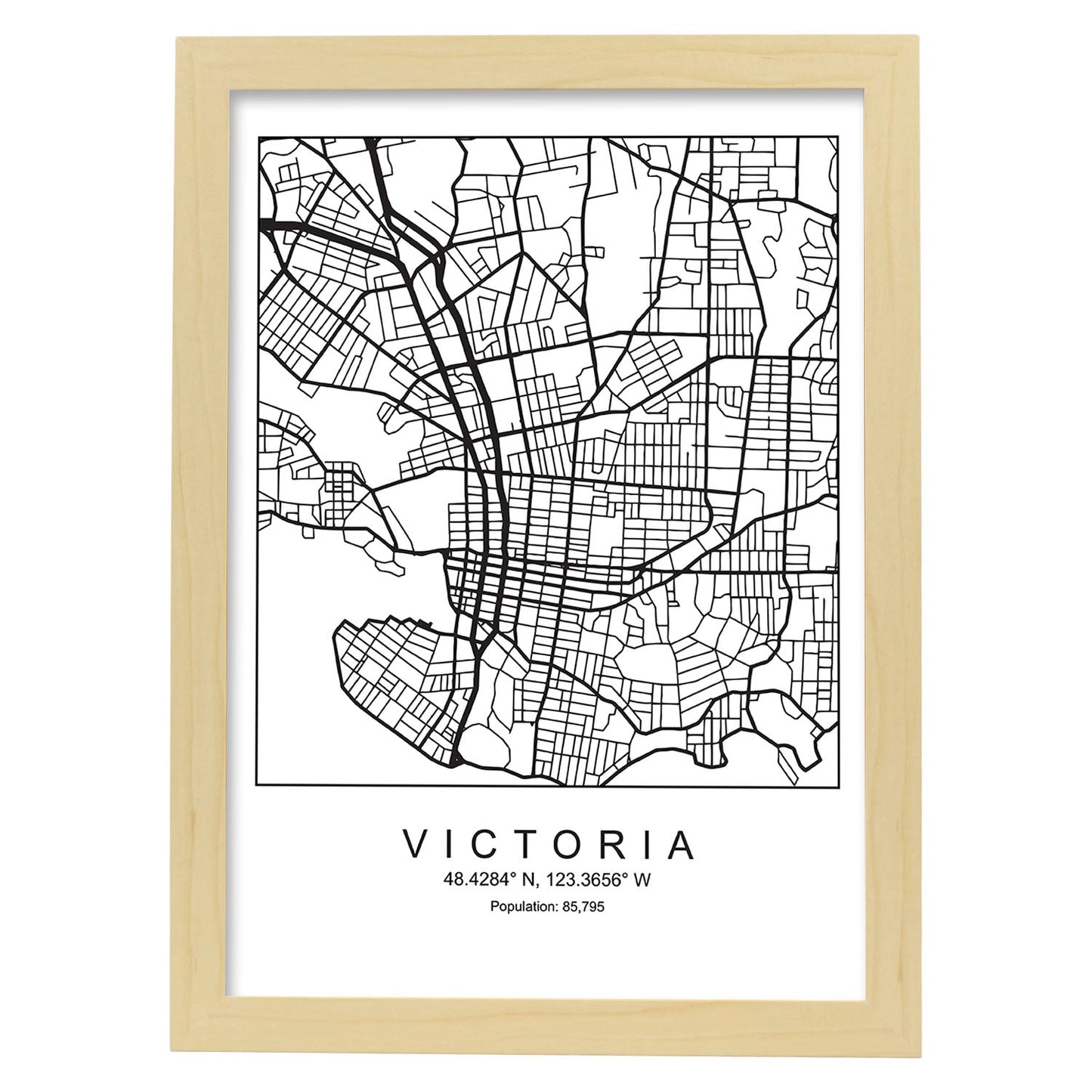 Lámina Mapa de la Ciudad Victoria Estilo nordico en Blanco y negro.-Artwork-Nacnic-A3-Marco Madera clara-Nacnic Estudio SL