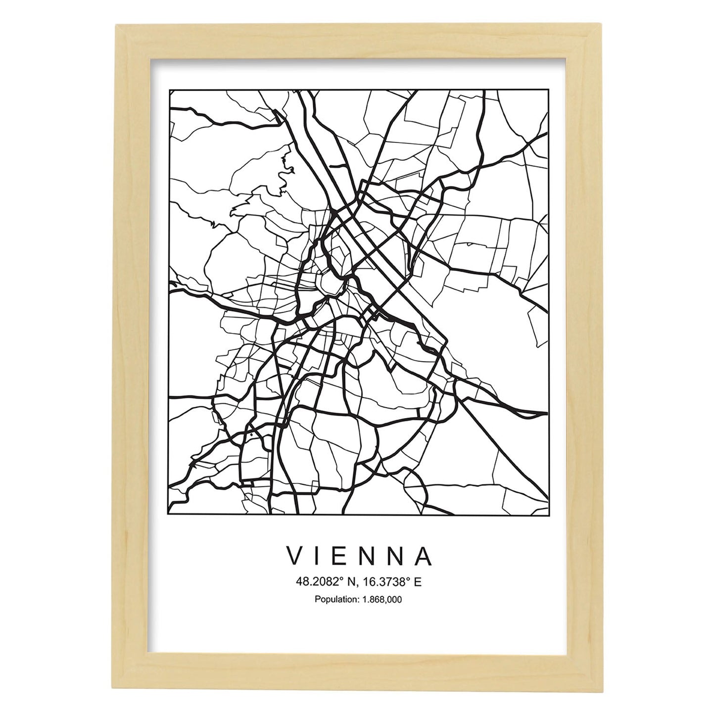 Lámina mapa de la ciudad Vienna estilo nordico en blanco y negro.-Artwork-Nacnic-A3-Marco Madera clara-Nacnic Estudio SL