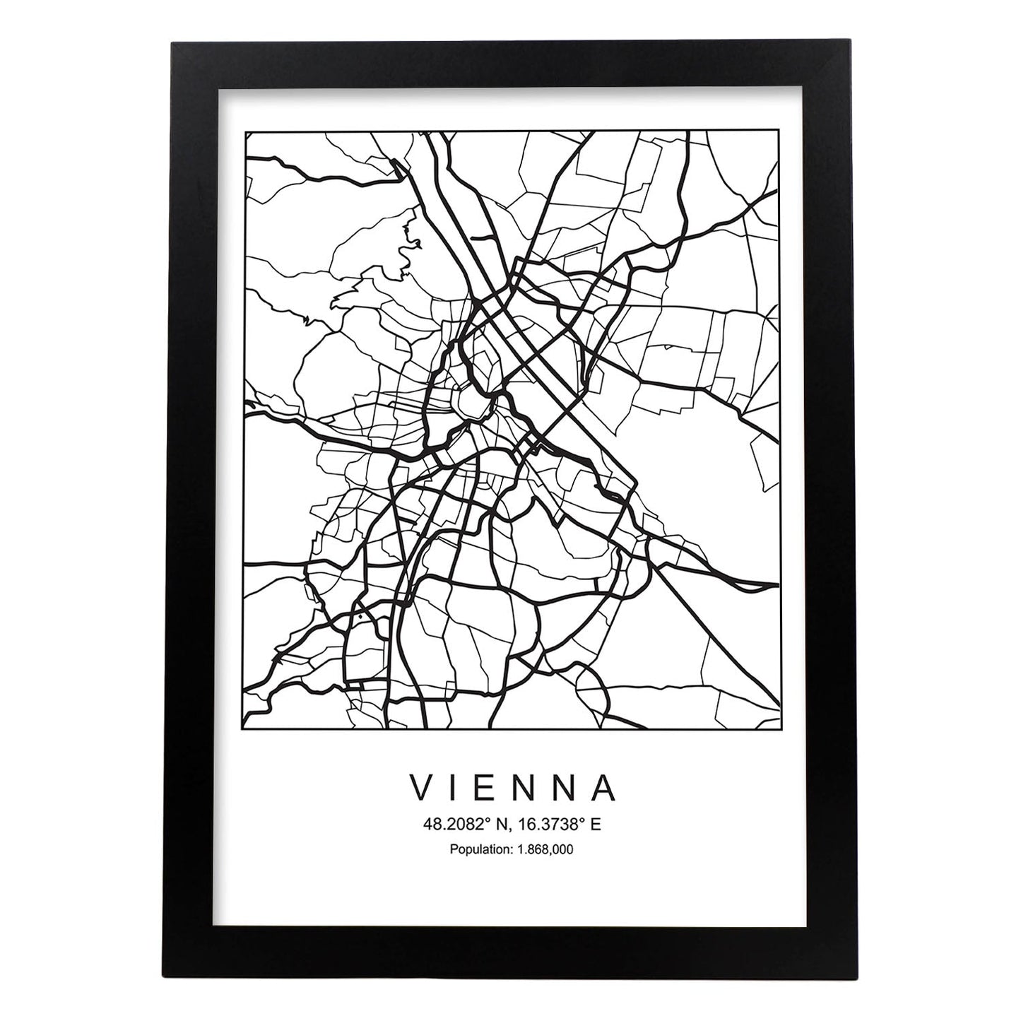 Lámina mapa de la ciudad Vienna estilo nordico en blanco y negro.-Artwork-Nacnic-A4-Marco Negro-Nacnic Estudio SL