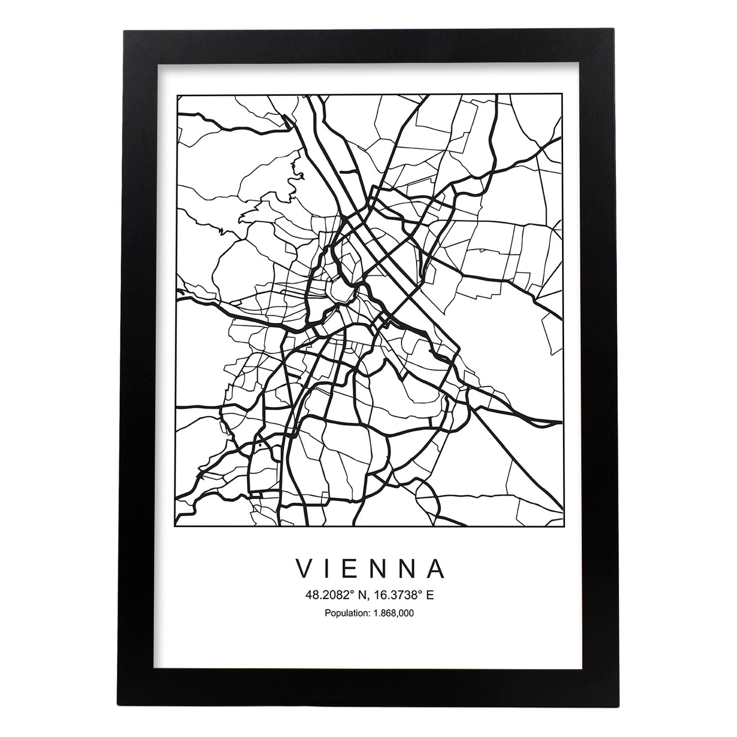 Lámina mapa de la ciudad Vienna estilo nordico en blanco y negro.-Artwork-Nacnic-A4-Marco Negro-Nacnic Estudio SL
