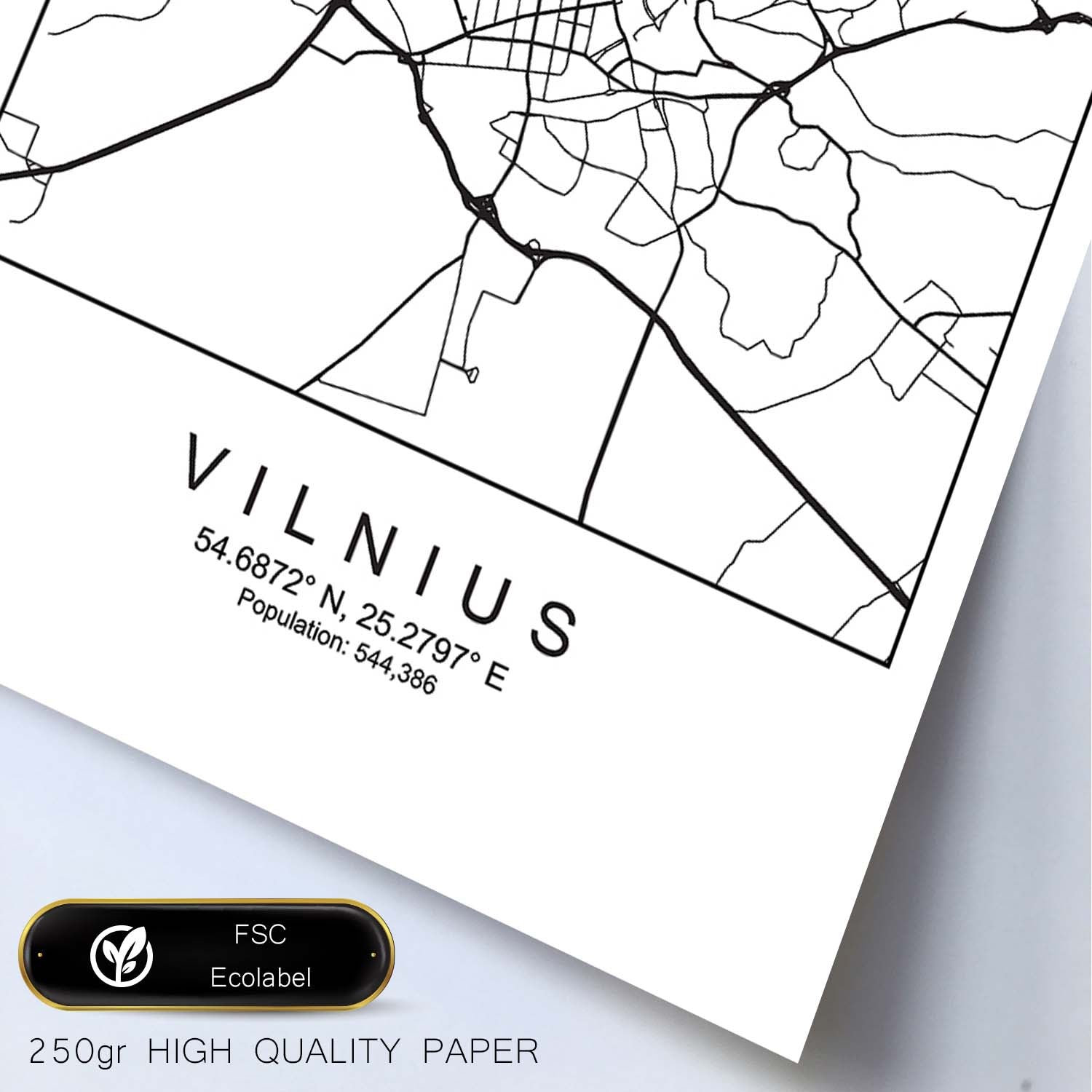 Lámina Mapa de la Ciudad Vilnius Estilo nordico en Blanco y negro.-Artwork-Nacnic-Nacnic Estudio SL