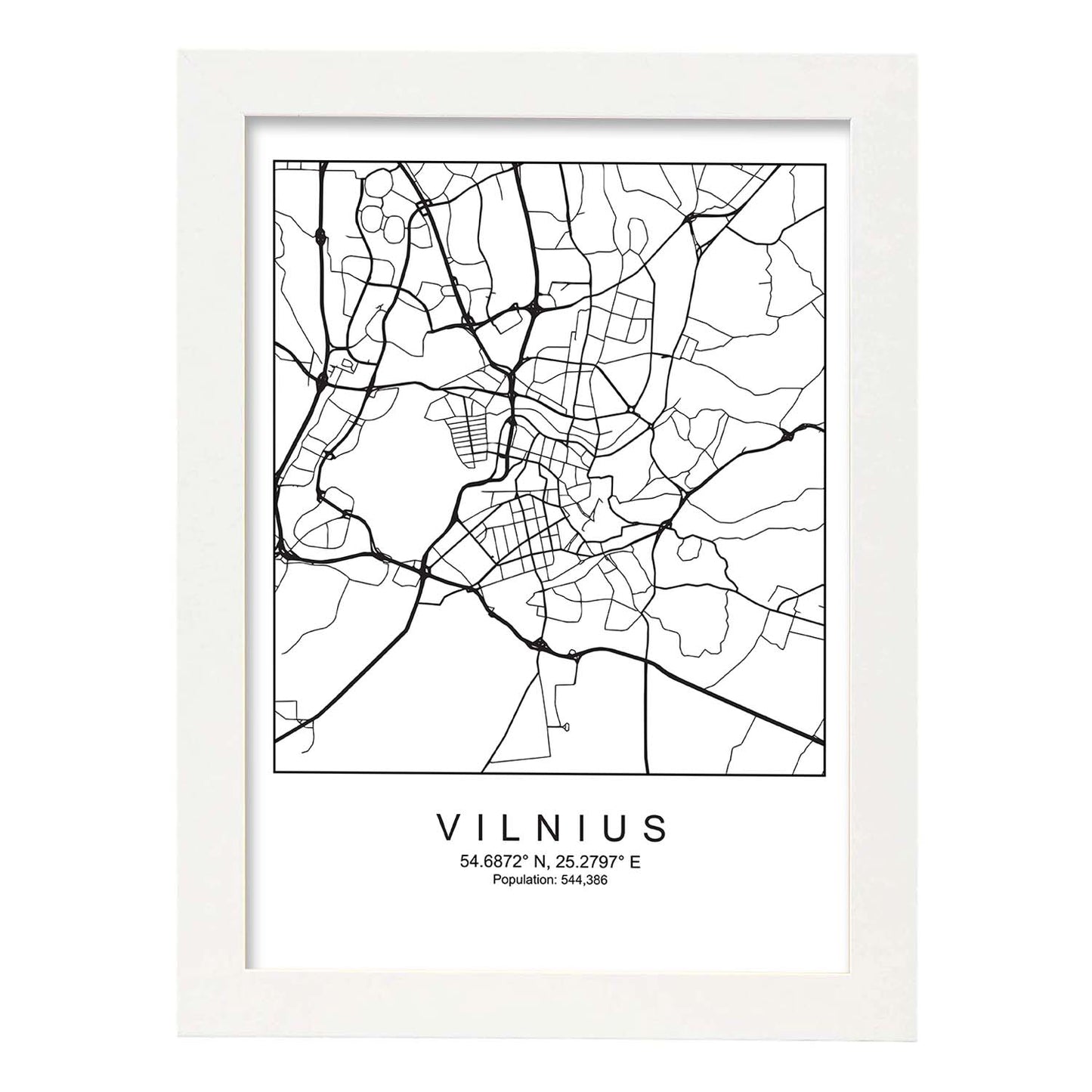 Lámina Mapa de la Ciudad Vilnius Estilo nordico en Blanco y negro.-Artwork-Nacnic-A3-Marco Blanco-Nacnic Estudio SL