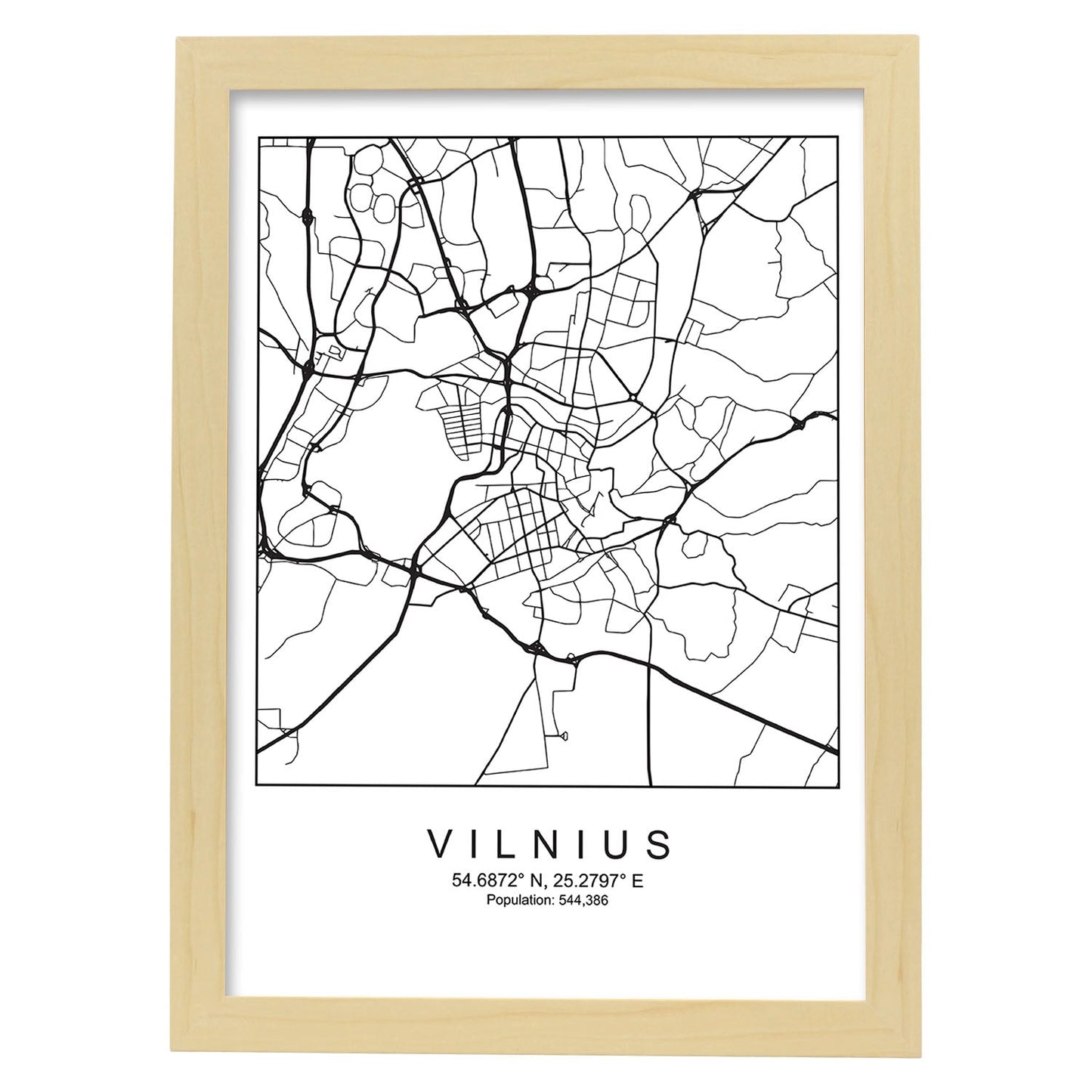 Lámina Mapa de la Ciudad Vilnius Estilo nordico en Blanco y negro.-Artwork-Nacnic-A3-Marco Madera clara-Nacnic Estudio SL