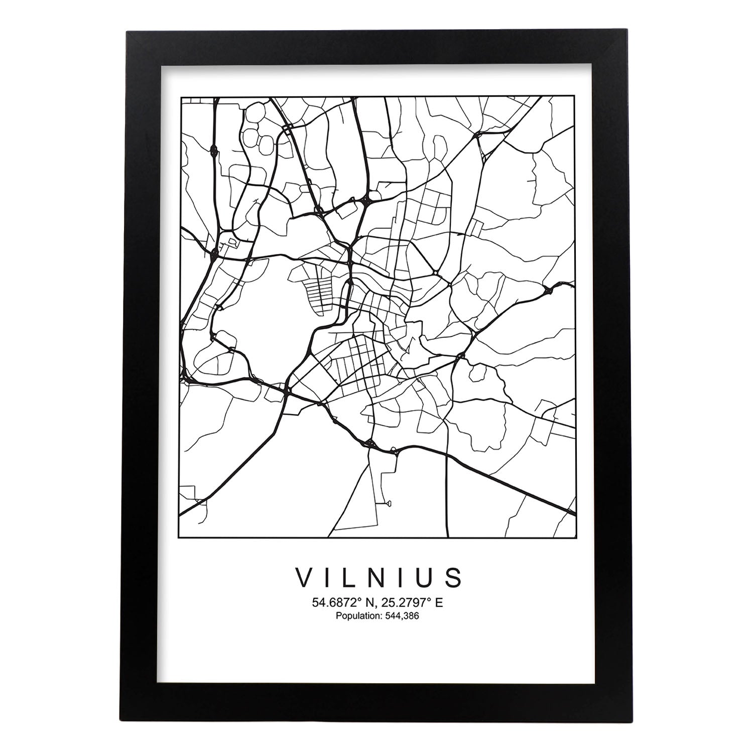 Lámina Mapa de la Ciudad Vilnius Estilo nordico en Blanco y negro.-Artwork-Nacnic-A3-Marco Negro-Nacnic Estudio SL