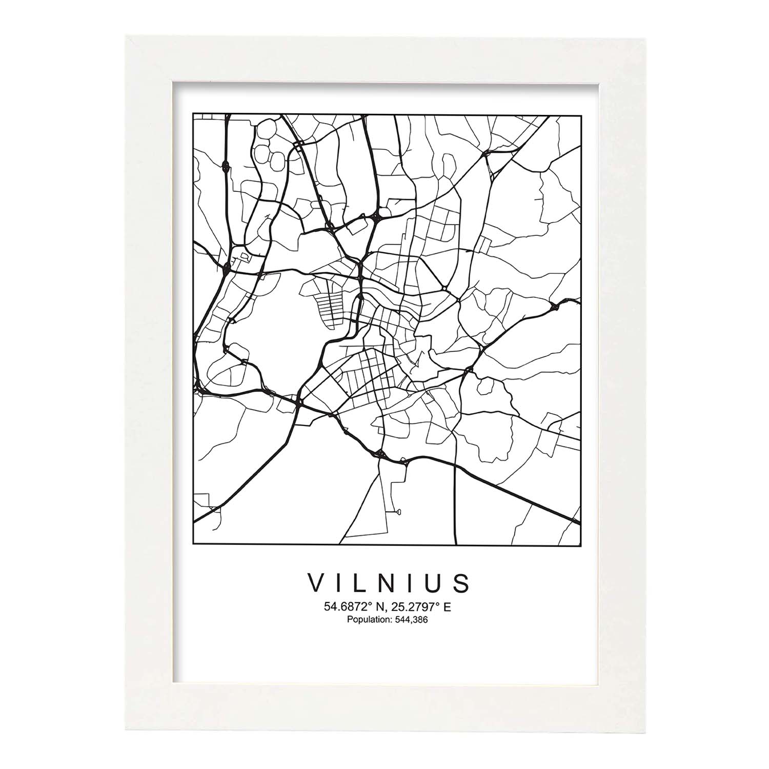 Lámina Mapa de la Ciudad Vilnius Estilo nordico en Blanco y negro.-Artwork-Nacnic-A4-Marco Blanco-Nacnic Estudio SL