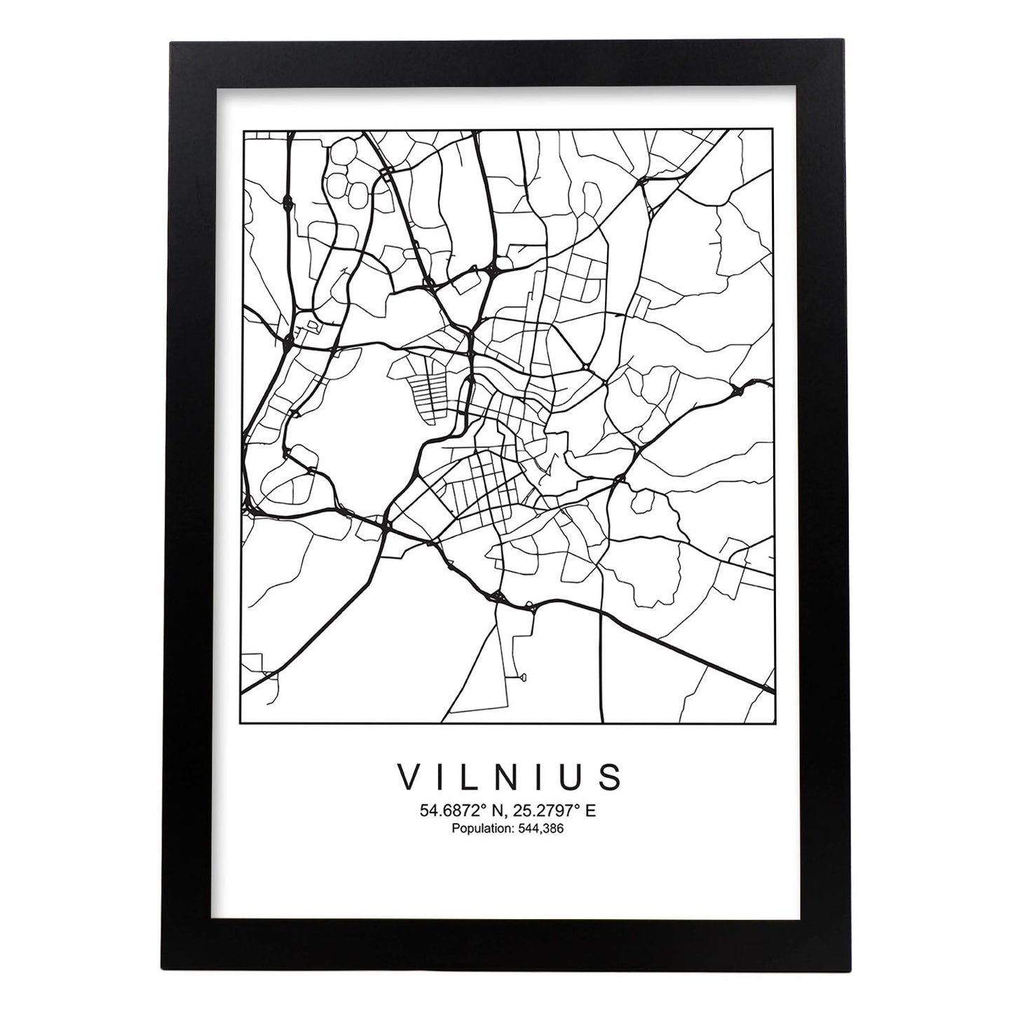 Lámina Mapa de la Ciudad Vilnius Estilo nordico en Blanco y negro.-Artwork-Nacnic-A4-Marco Negro-Nacnic Estudio SL