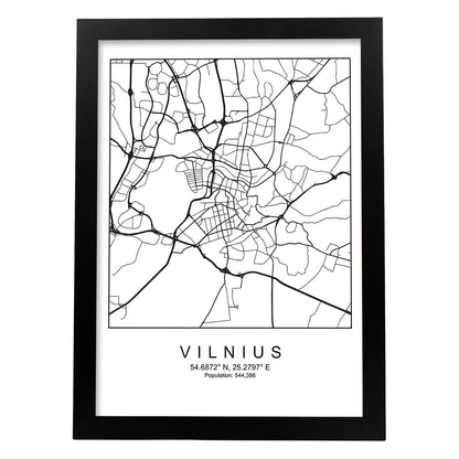 Lámina Mapa de la Ciudad Vilnius Estilo nordico en Blanco y negro.-Artwork-Nacnic-A4-Marco Negro-Nacnic Estudio SL