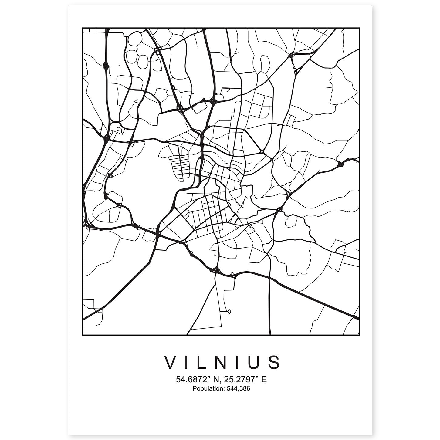 Lámina Mapa de la Ciudad Vilnius Estilo nordico en Blanco y negro.-Artwork-Nacnic-A4-Sin marco-Nacnic Estudio SL