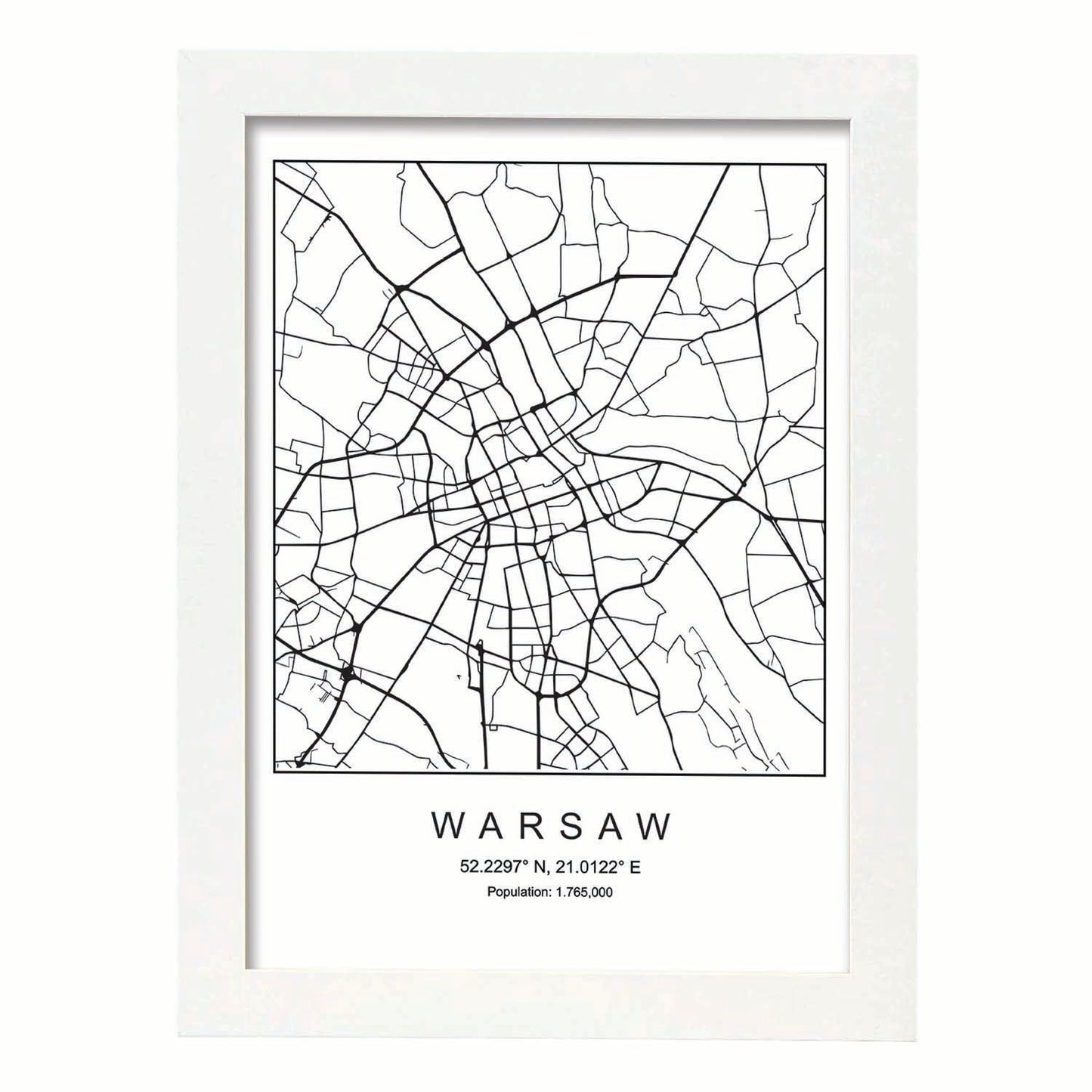 Lámina Mapa de la Ciudad Warsaw Estilo nordico en Blanco y negro.-Artwork-Nacnic-A3-Marco Blanco-Nacnic Estudio SL