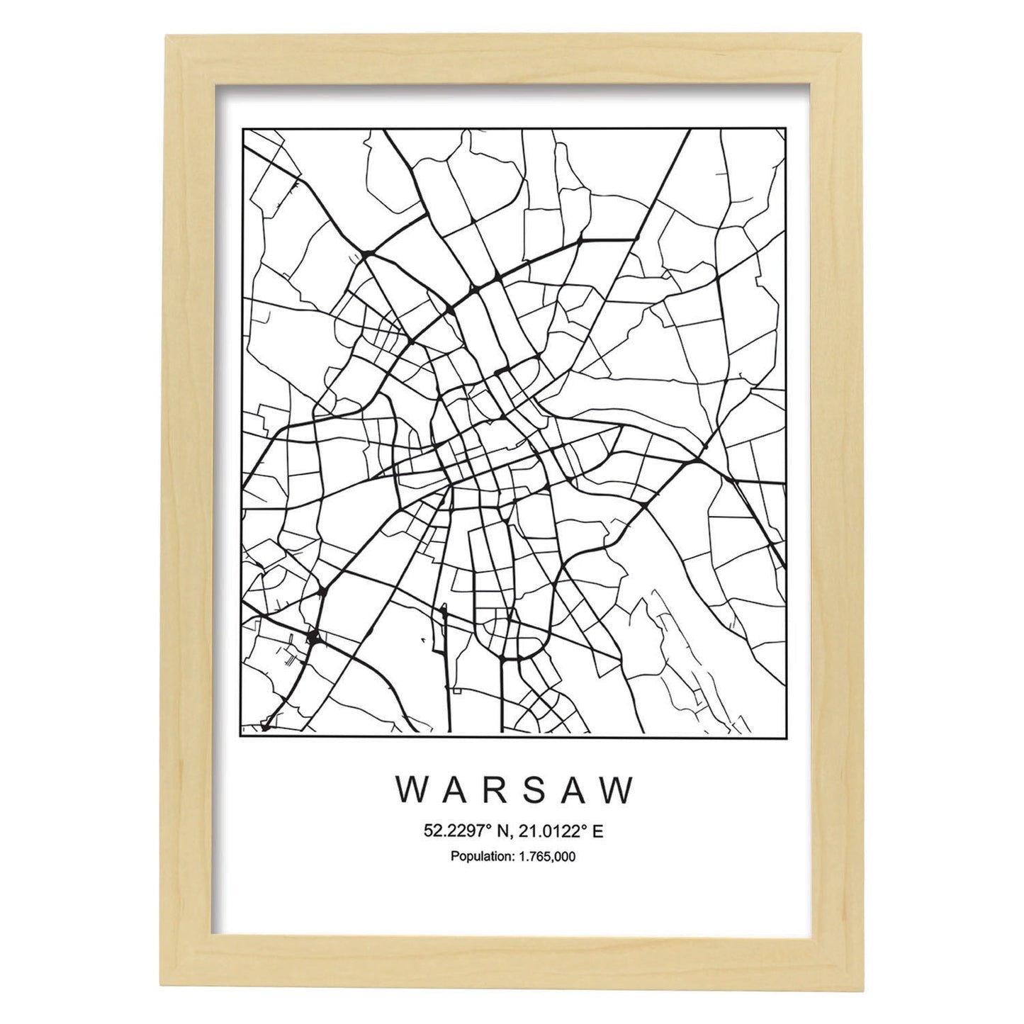 Lámina Mapa de la Ciudad Warsaw Estilo nordico en Blanco y negro.-Artwork-Nacnic-A3-Marco Madera clara-Nacnic Estudio SL