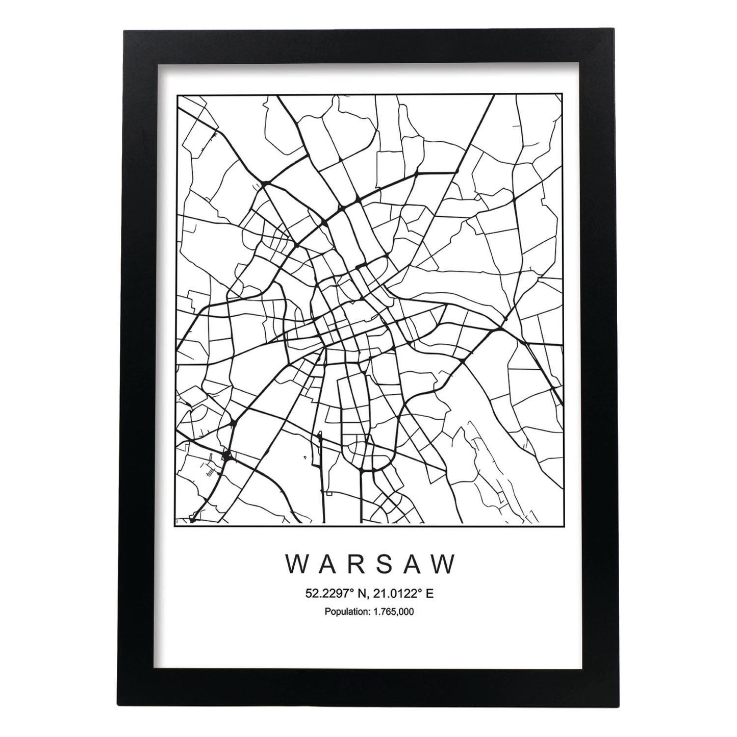 Lámina Mapa de la Ciudad Warsaw Estilo nordico en Blanco y negro.-Artwork-Nacnic-A3-Marco Negro-Nacnic Estudio SL