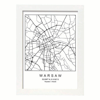 Lámina Mapa de la Ciudad Warsaw Estilo nordico en Blanco y negro.-Artwork-Nacnic-A4-Marco Blanco-Nacnic Estudio SL