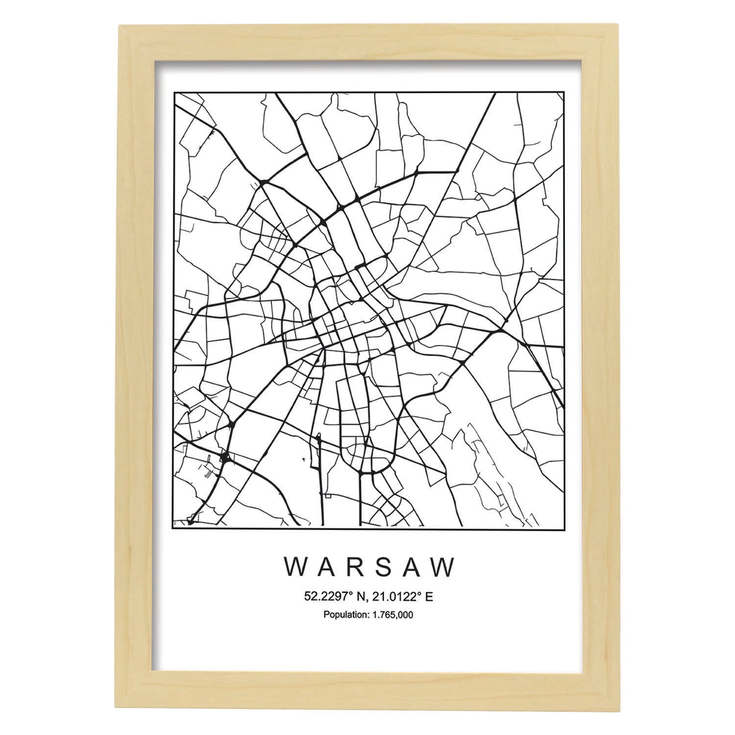 Lámina Mapa de la Ciudad Warsaw Estilo nordico en Blanco y negro.-Artwork-Nacnic-A4-Marco Madera clara-Nacnic Estudio SL