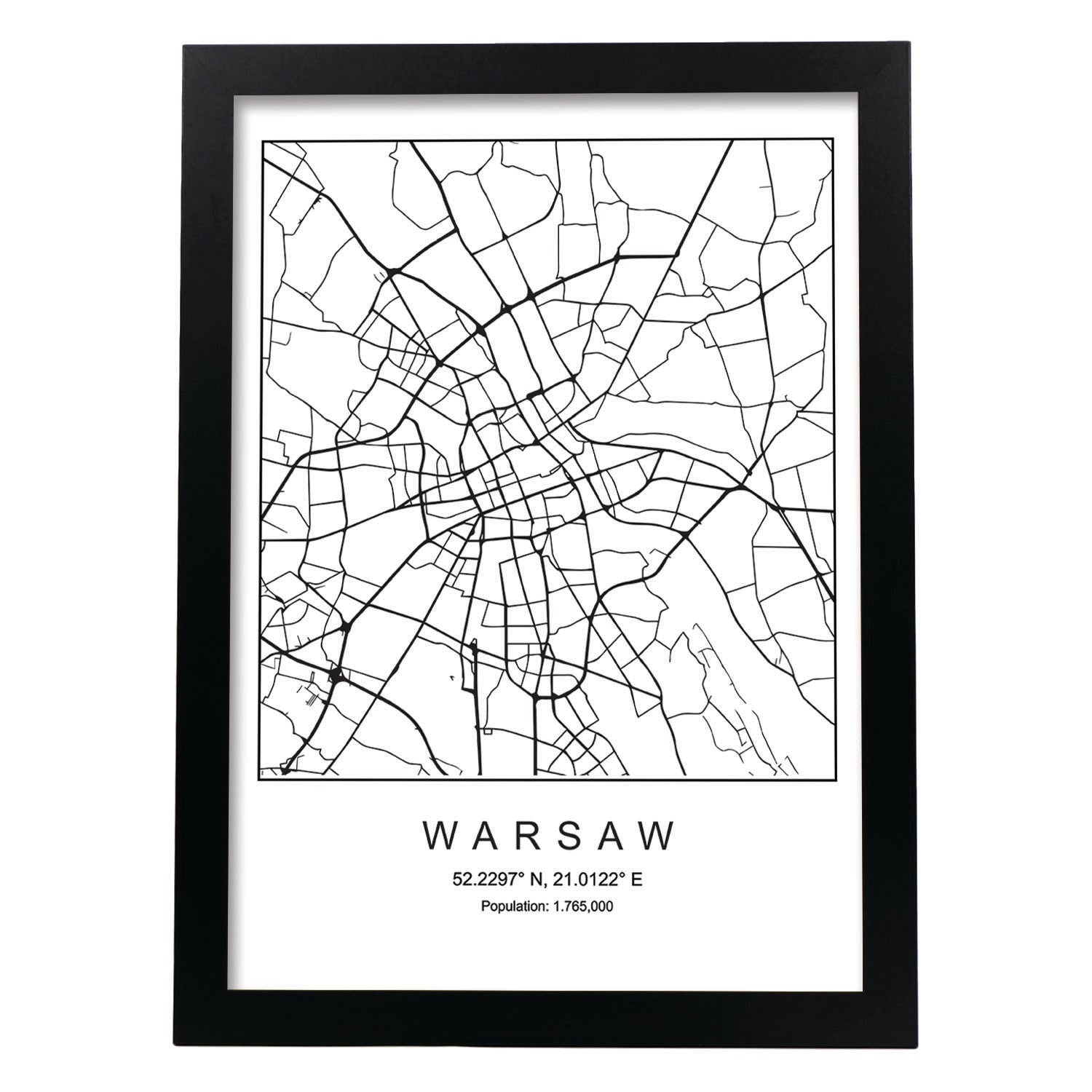 Lámina Mapa de la Ciudad Warsaw Estilo nordico en Blanco y negro.-Artwork-Nacnic-A4-Marco Negro-Nacnic Estudio SL