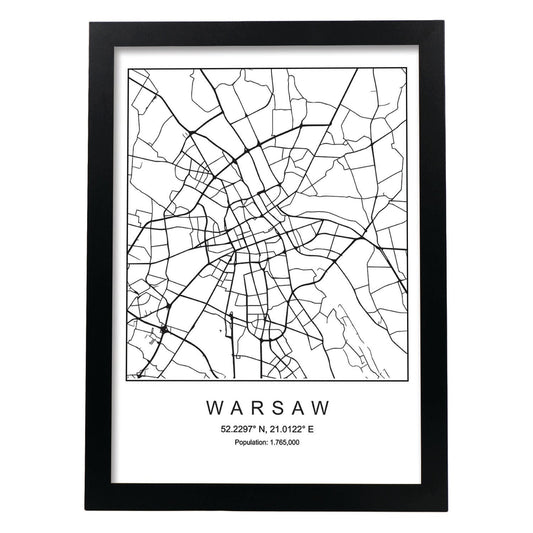 Lámina Mapa de la Ciudad Warsaw Estilo nordico en Blanco y negro.-Artwork-Nacnic-A4-Marco Negro-Nacnic Estudio SL
