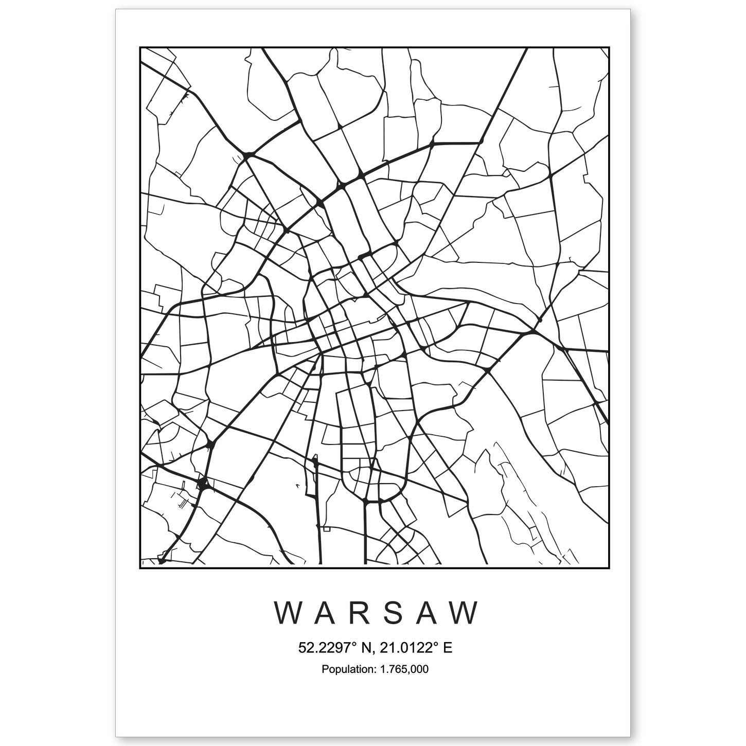 Lámina Mapa de la Ciudad Warsaw Estilo nordico en Blanco y negro.-Artwork-Nacnic-A4-Sin marco-Nacnic Estudio SL