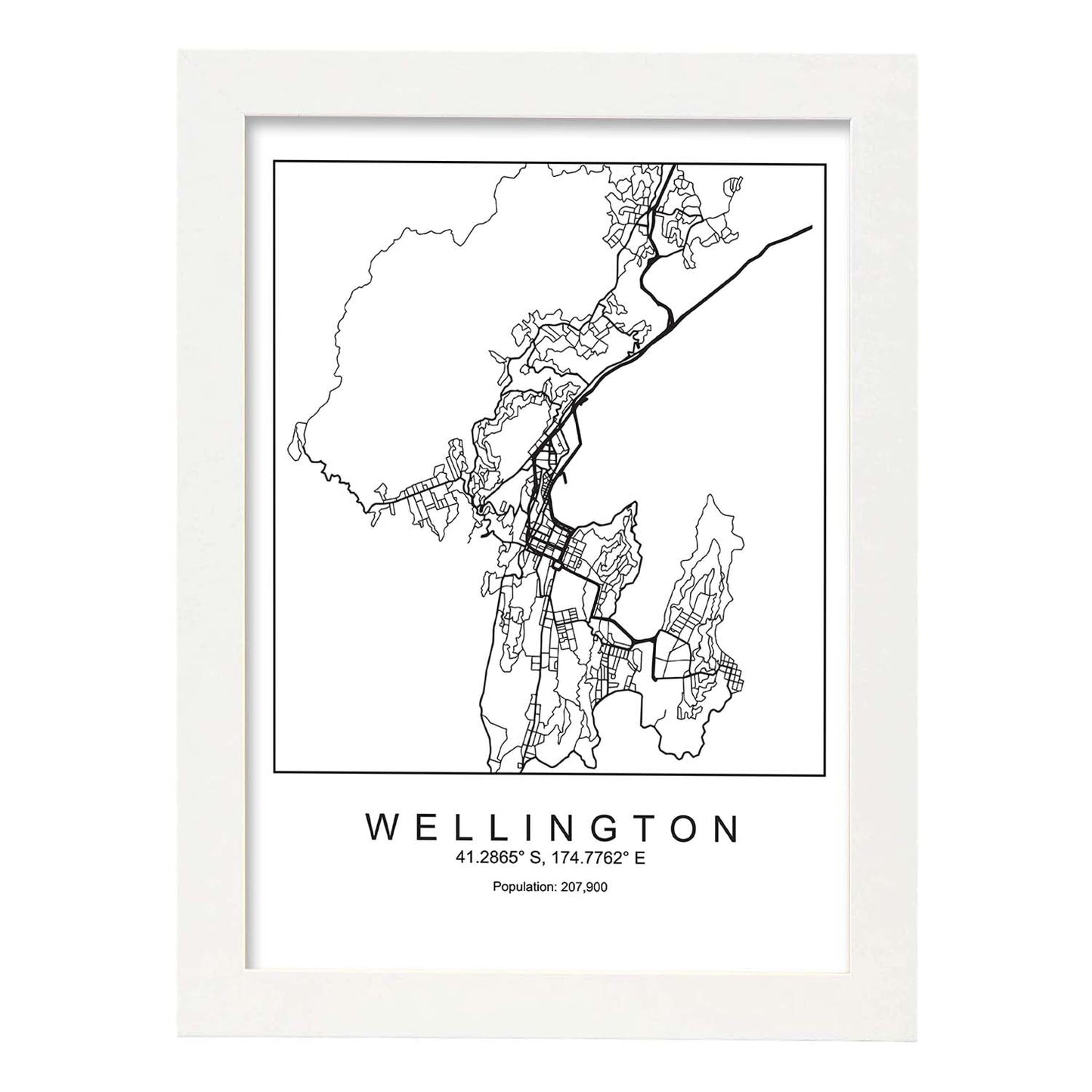 Lámina Mapa de la Ciudad Wellington Estilo nordico en Blanco y negro.-Artwork-Nacnic-A3-Marco Blanco-Nacnic Estudio SL