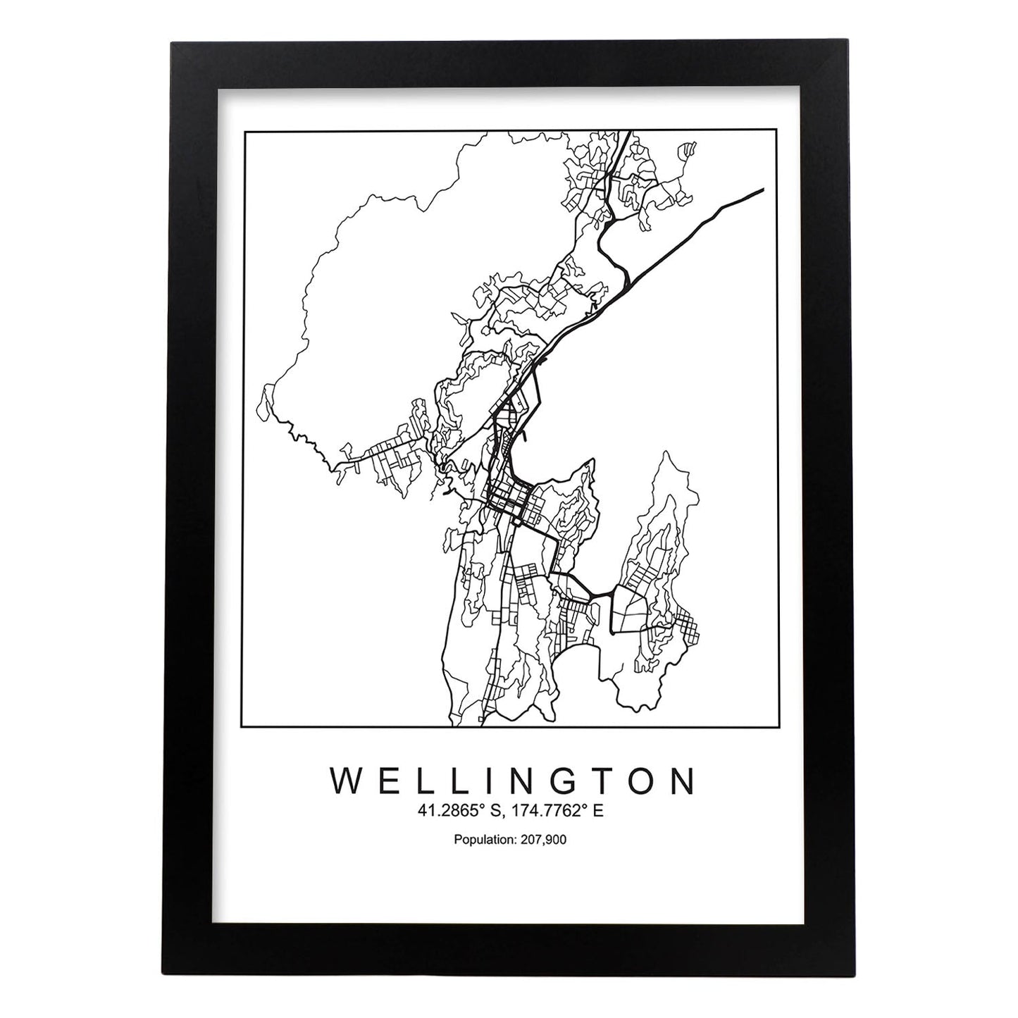 Lámina Mapa de la Ciudad Wellington Estilo nordico en Blanco y negro.-Artwork-Nacnic-A3-Marco Negro-Nacnic Estudio SL