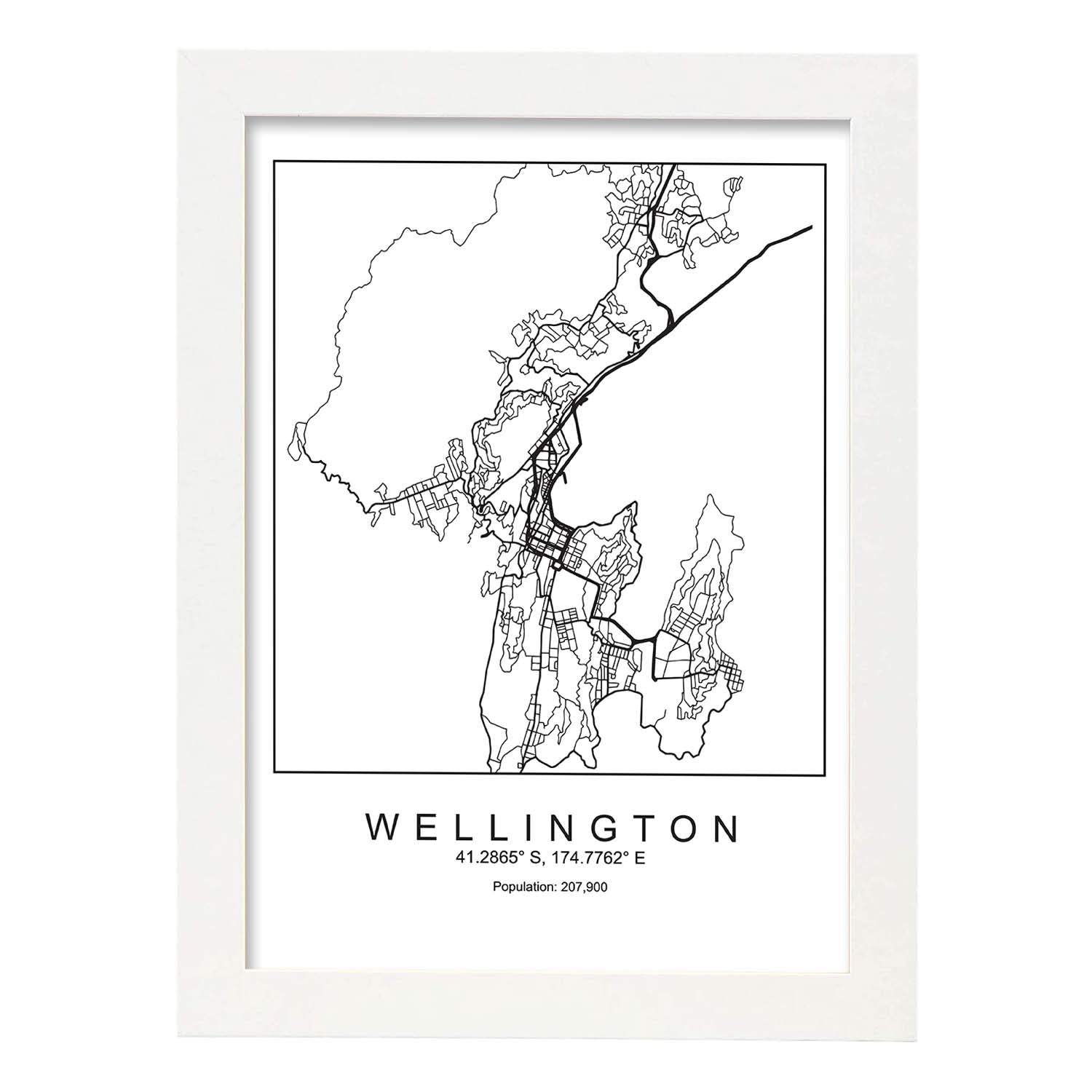 Lámina Mapa de la Ciudad Wellington Estilo nordico en Blanco y negro.-Artwork-Nacnic-A4-Marco Blanco-Nacnic Estudio SL