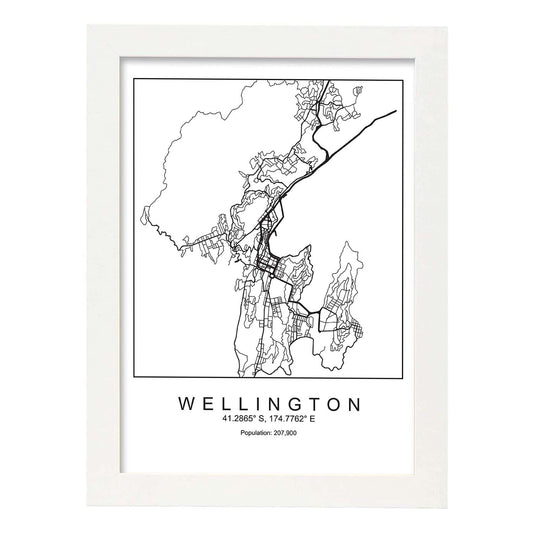 Lámina Mapa de la Ciudad Wellington Estilo nordico en Blanco y negro.-Artwork-Nacnic-A4-Marco Blanco-Nacnic Estudio SL