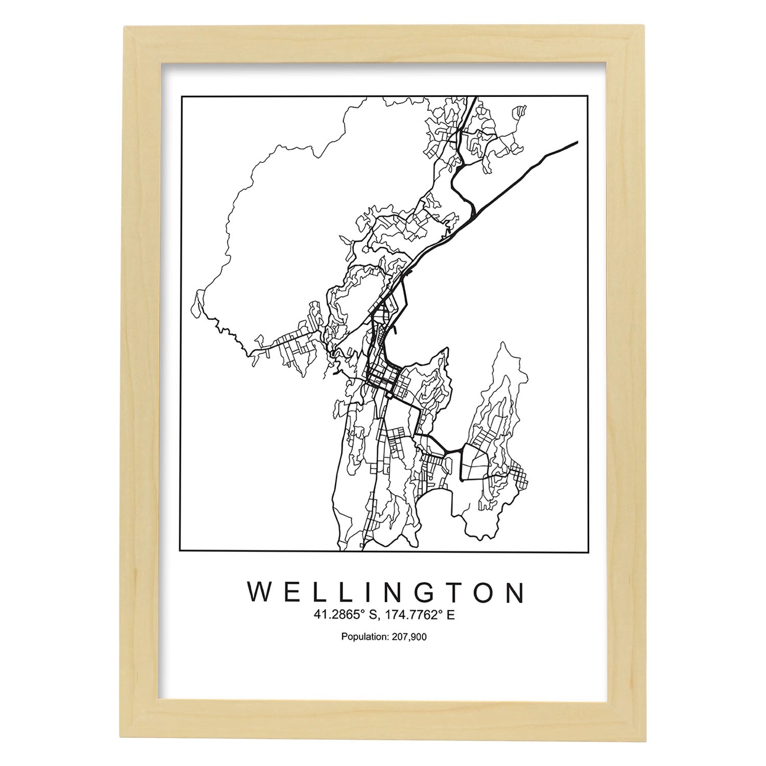 Lámina Mapa de la Ciudad Wellington Estilo nordico en Blanco y negro.-Artwork-Nacnic-A4-Marco Madera clara-Nacnic Estudio SL