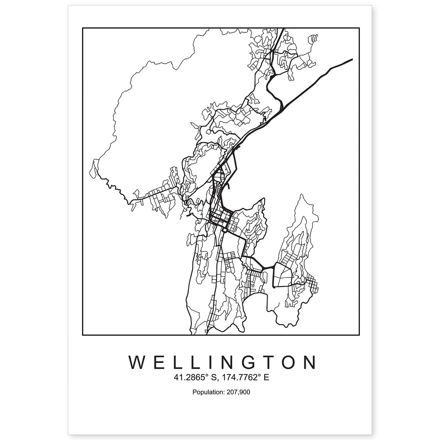 Lámina Mapa de la Ciudad Wellington Estilo nordico en Blanco y negro.-Artwork-Nacnic-A4-Sin marco-Nacnic Estudio SL