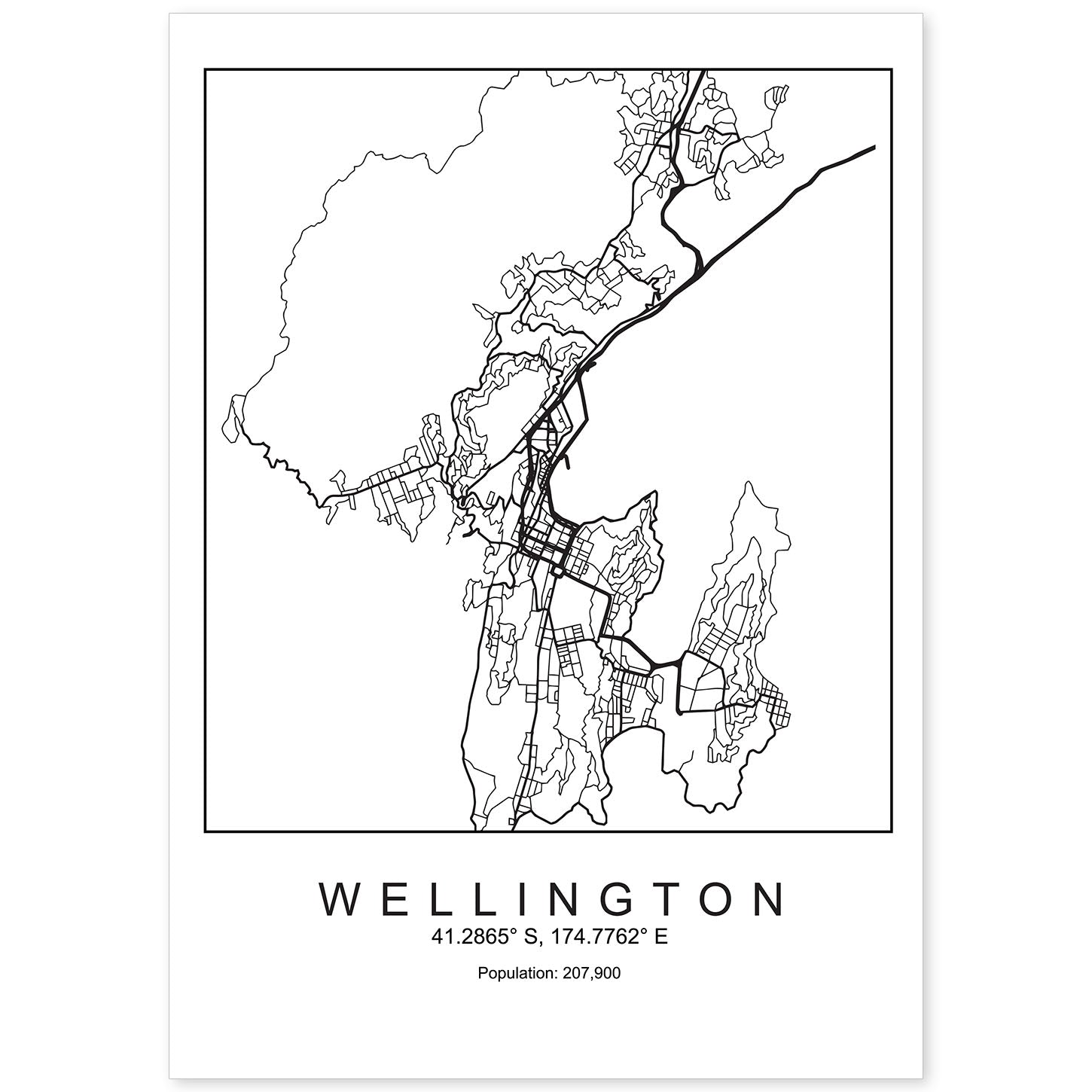Lámina Mapa de la Ciudad Wellington Estilo nordico en Blanco y negro.-Artwork-Nacnic-A4-Sin marco-Nacnic Estudio SL