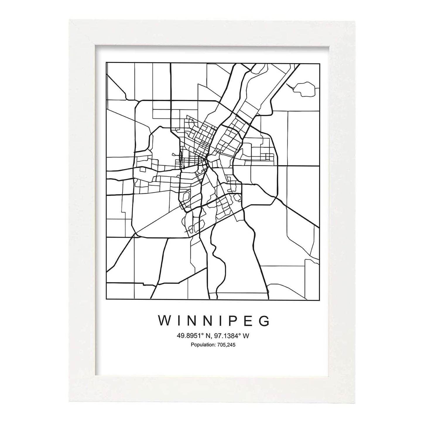 Lámina Mapa de la Ciudad Winnipeg Estilo nordico en Blanco y negro.-Artwork-Nacnic-A3-Marco Blanco-Nacnic Estudio SL