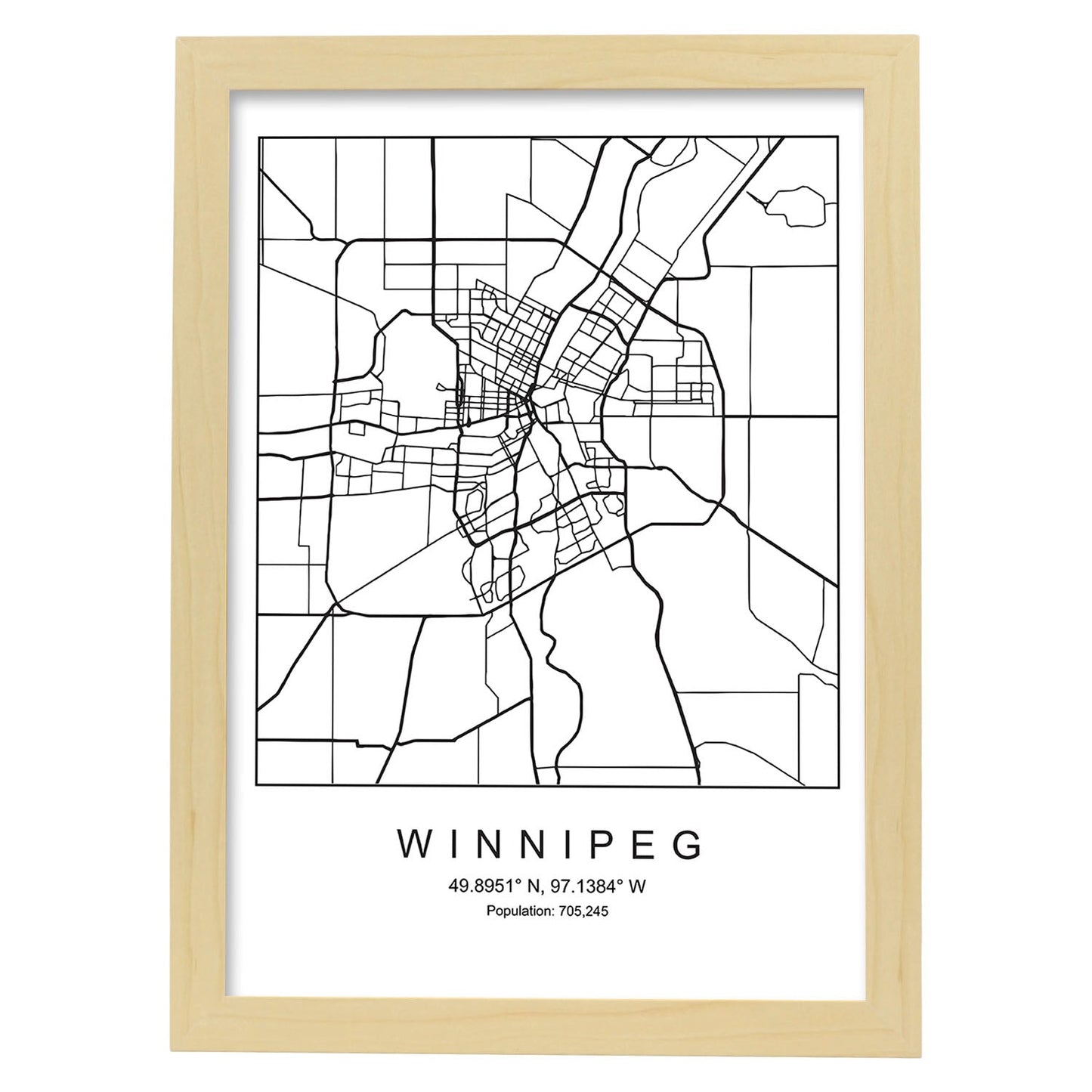 Lámina Mapa de la Ciudad Winnipeg Estilo nordico en Blanco y negro.-Artwork-Nacnic-A3-Marco Madera clara-Nacnic Estudio SL