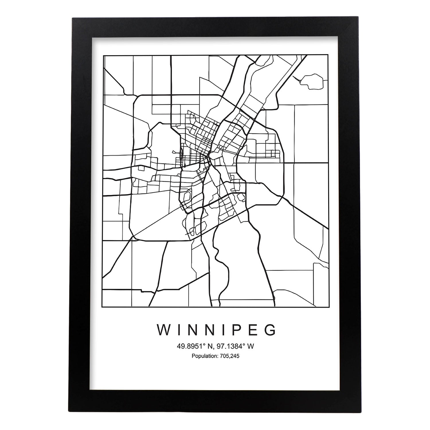 Lámina Mapa de la Ciudad Winnipeg Estilo nordico en Blanco y negro.-Artwork-Nacnic-A3-Marco Negro-Nacnic Estudio SL