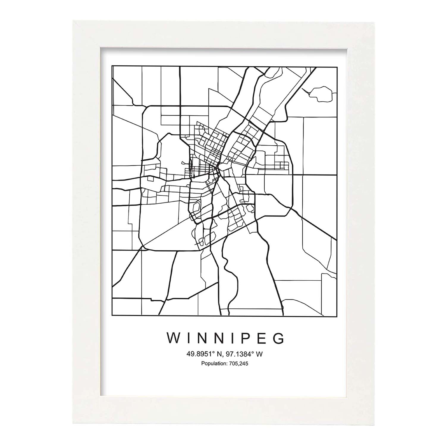 Lámina Mapa de la Ciudad Winnipeg Estilo nordico en Blanco y negro.-Artwork-Nacnic-A4-Marco Blanco-Nacnic Estudio SL