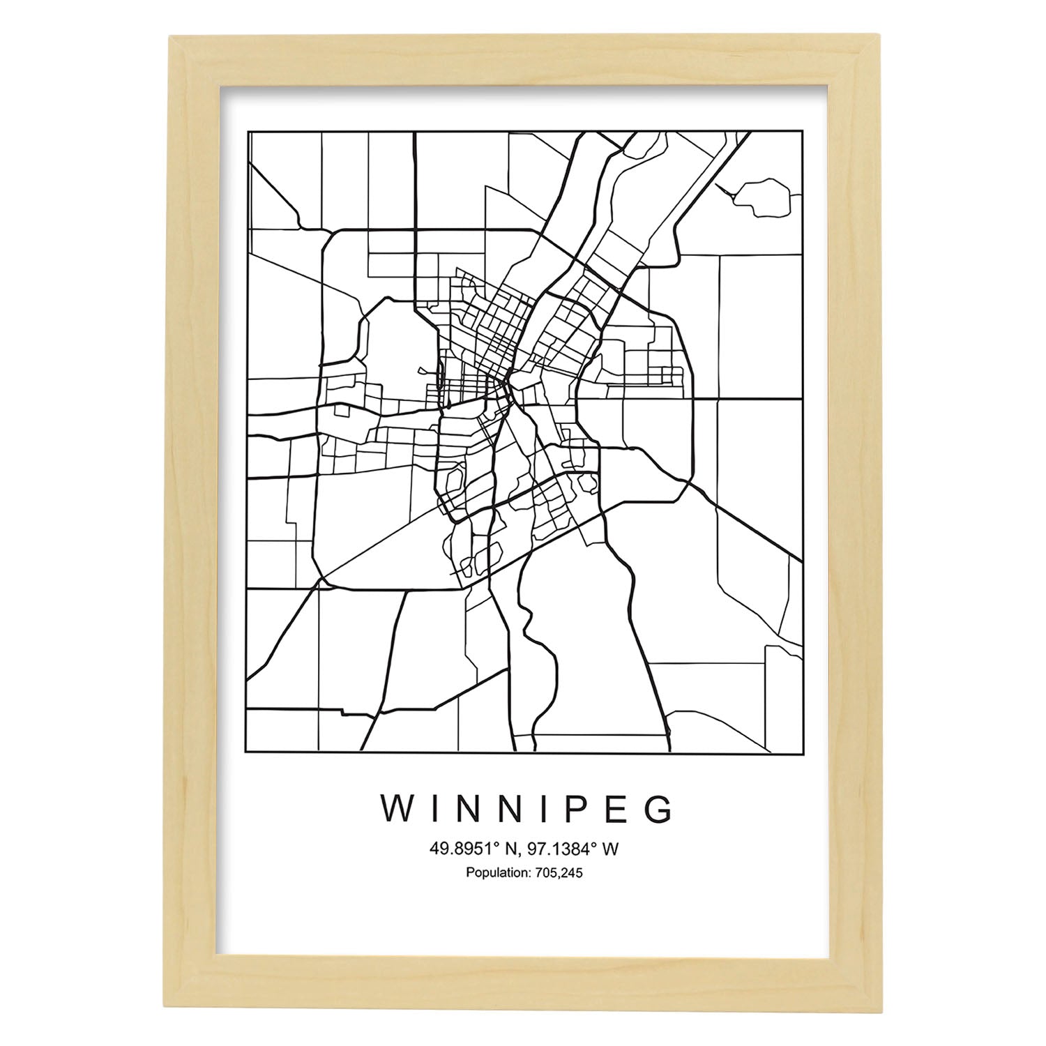 Lámina Mapa de la Ciudad Winnipeg Estilo nordico en Blanco y negro.-Artwork-Nacnic-A4-Marco Madera clara-Nacnic Estudio SL