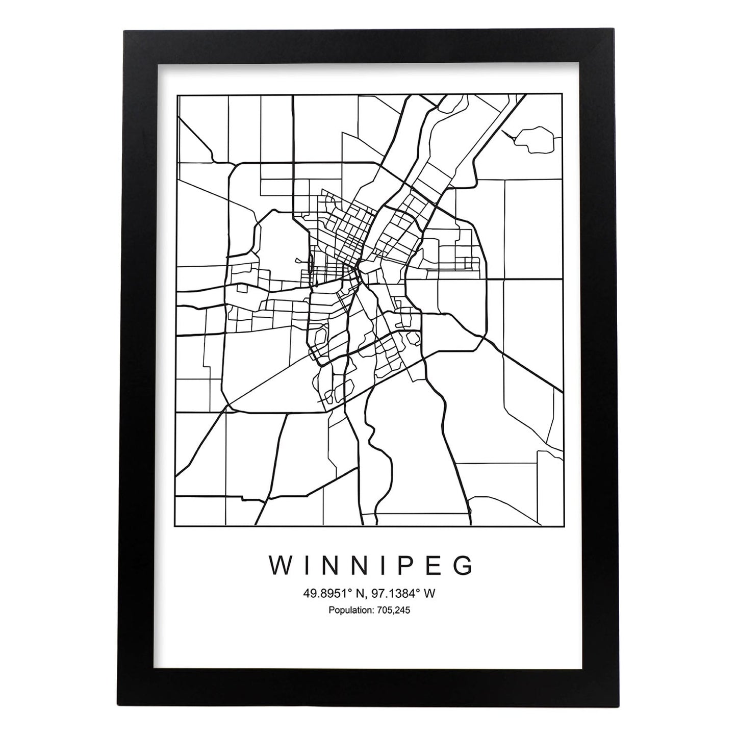 Lámina Mapa de la Ciudad Winnipeg Estilo nordico en Blanco y negro.-Artwork-Nacnic-A4-Marco Negro-Nacnic Estudio SL