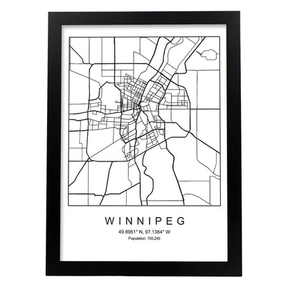 Lámina Mapa de la Ciudad Winnipeg Estilo nordico en Blanco y negro.-Artwork-Nacnic-A4-Marco Negro-Nacnic Estudio SL