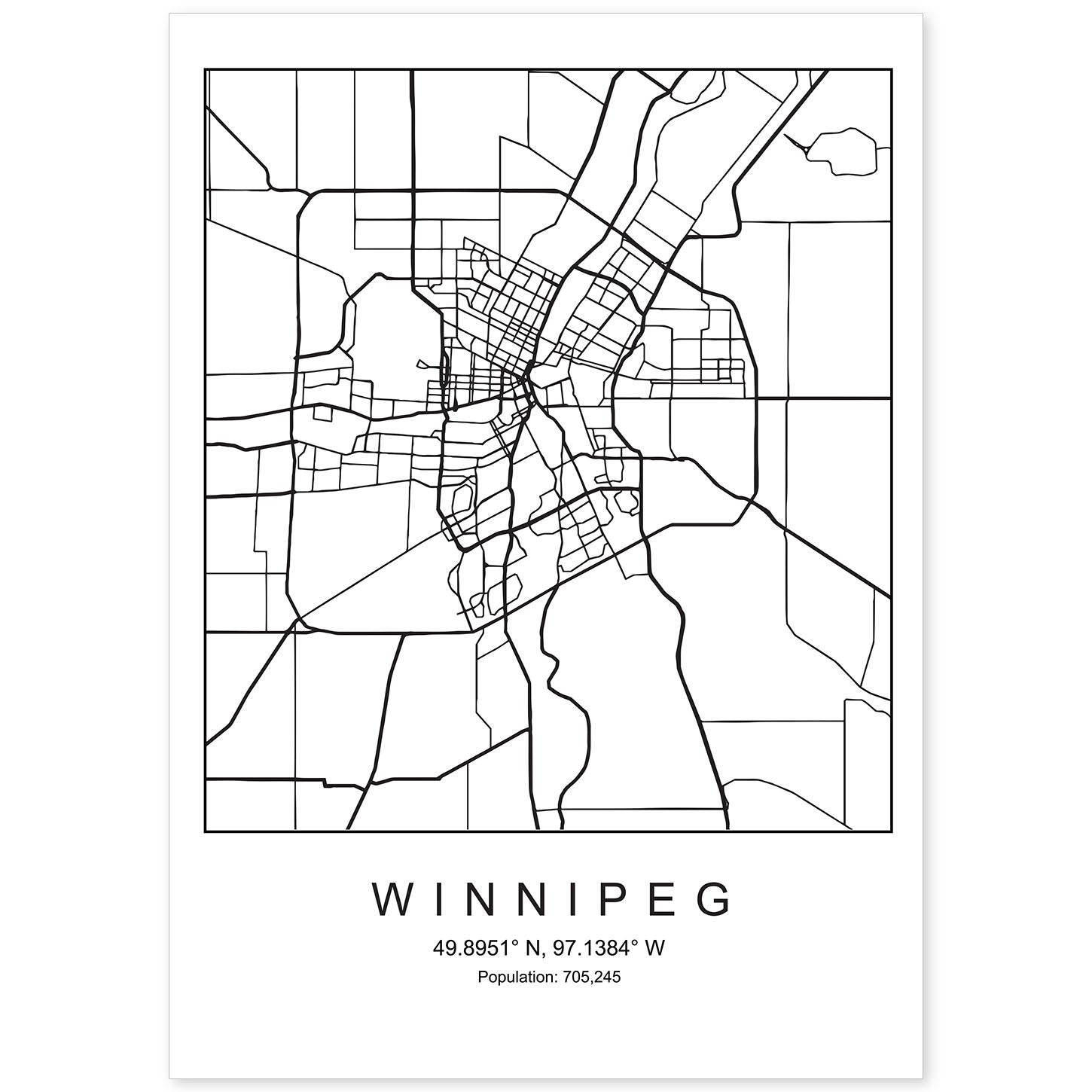 Lámina Mapa de la Ciudad Winnipeg Estilo nordico en Blanco y negro.-Artwork-Nacnic-A4-Sin marco-Nacnic Estudio SL