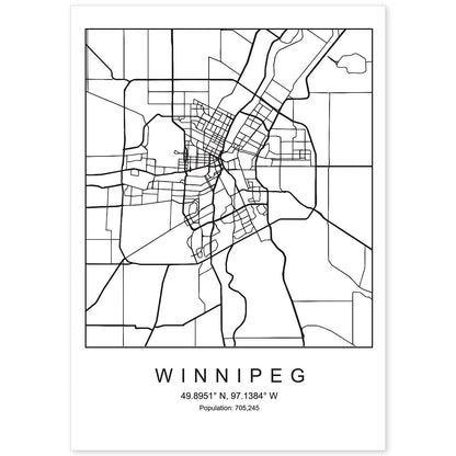 Lámina Mapa de la Ciudad Winnipeg Estilo nordico en Blanco y negro.-Artwork-Nacnic-A4-Sin marco-Nacnic Estudio SL