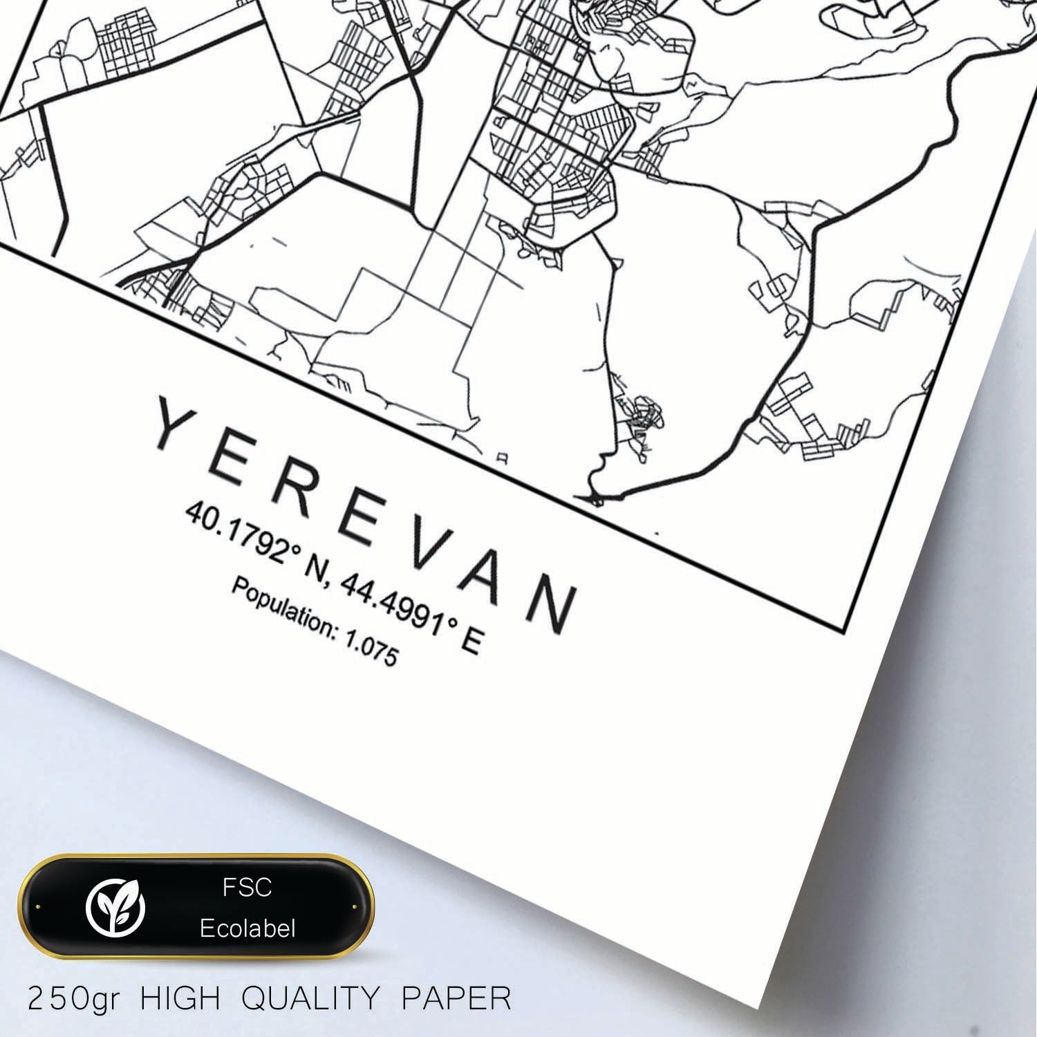 Lámina Mapa de la Ciudad Yerevan Estilo nordico en Blanco y negro.-Artwork-Nacnic-Nacnic Estudio SL