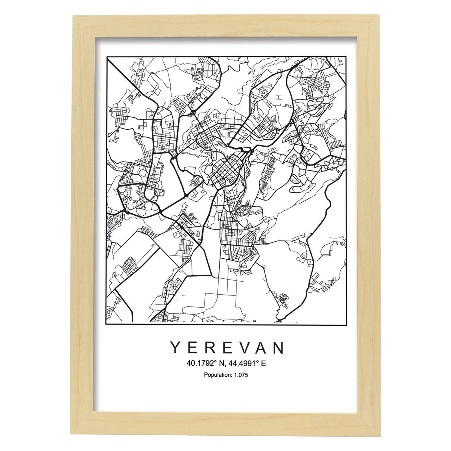 Lámina Mapa de la Ciudad Yerevan Estilo nordico en Blanco y negro.-Artwork-Nacnic-A3-Marco Madera clara-Nacnic Estudio SL