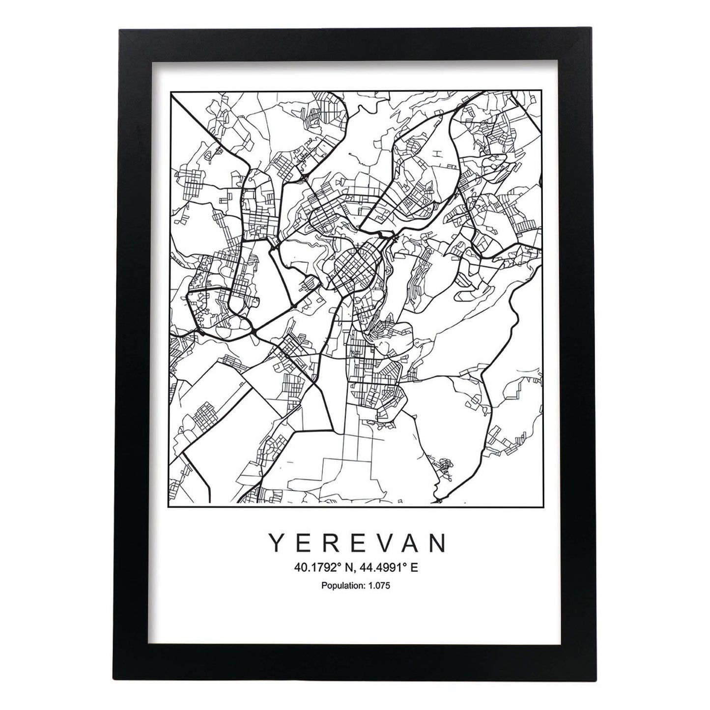 Lámina Mapa de la Ciudad Yerevan Estilo nordico en Blanco y negro.-Artwork-Nacnic-A3-Marco Negro-Nacnic Estudio SL