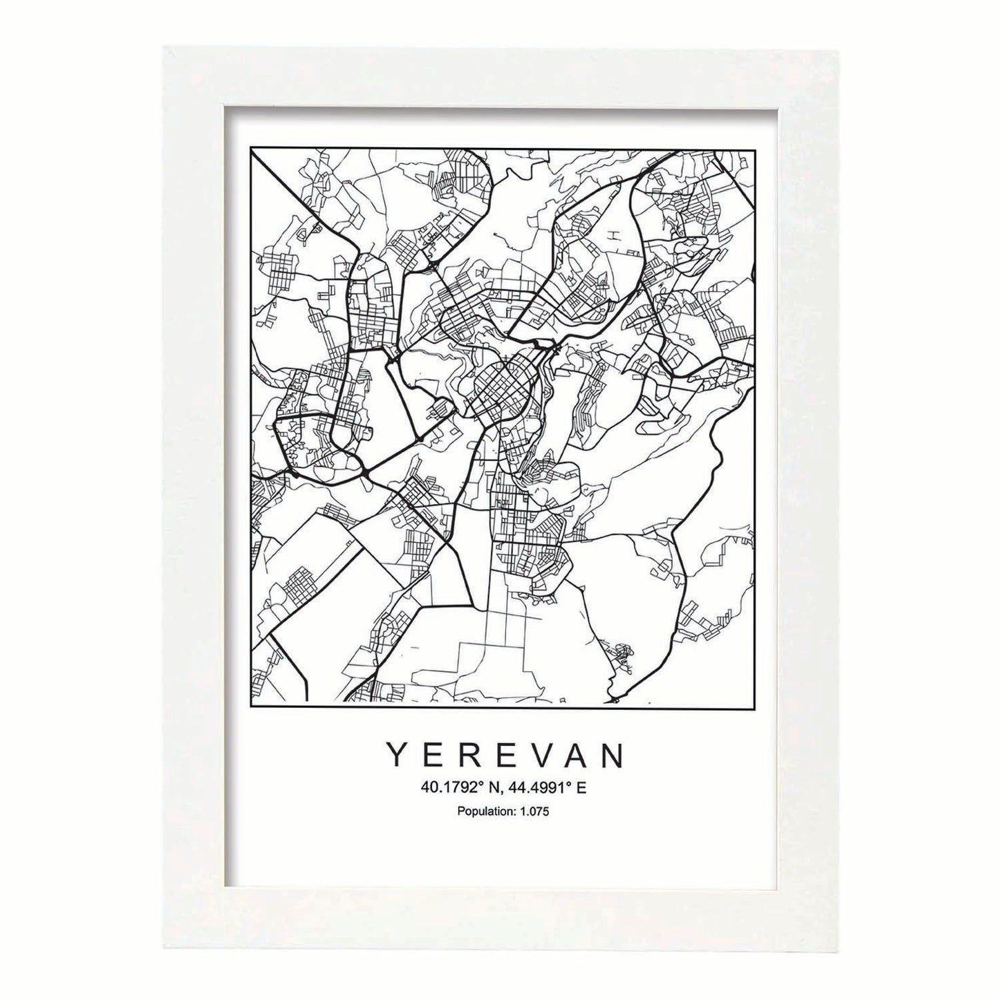 Lámina Mapa de la Ciudad Yerevan Estilo nordico en Blanco y negro.-Artwork-Nacnic-A4-Marco Blanco-Nacnic Estudio SL