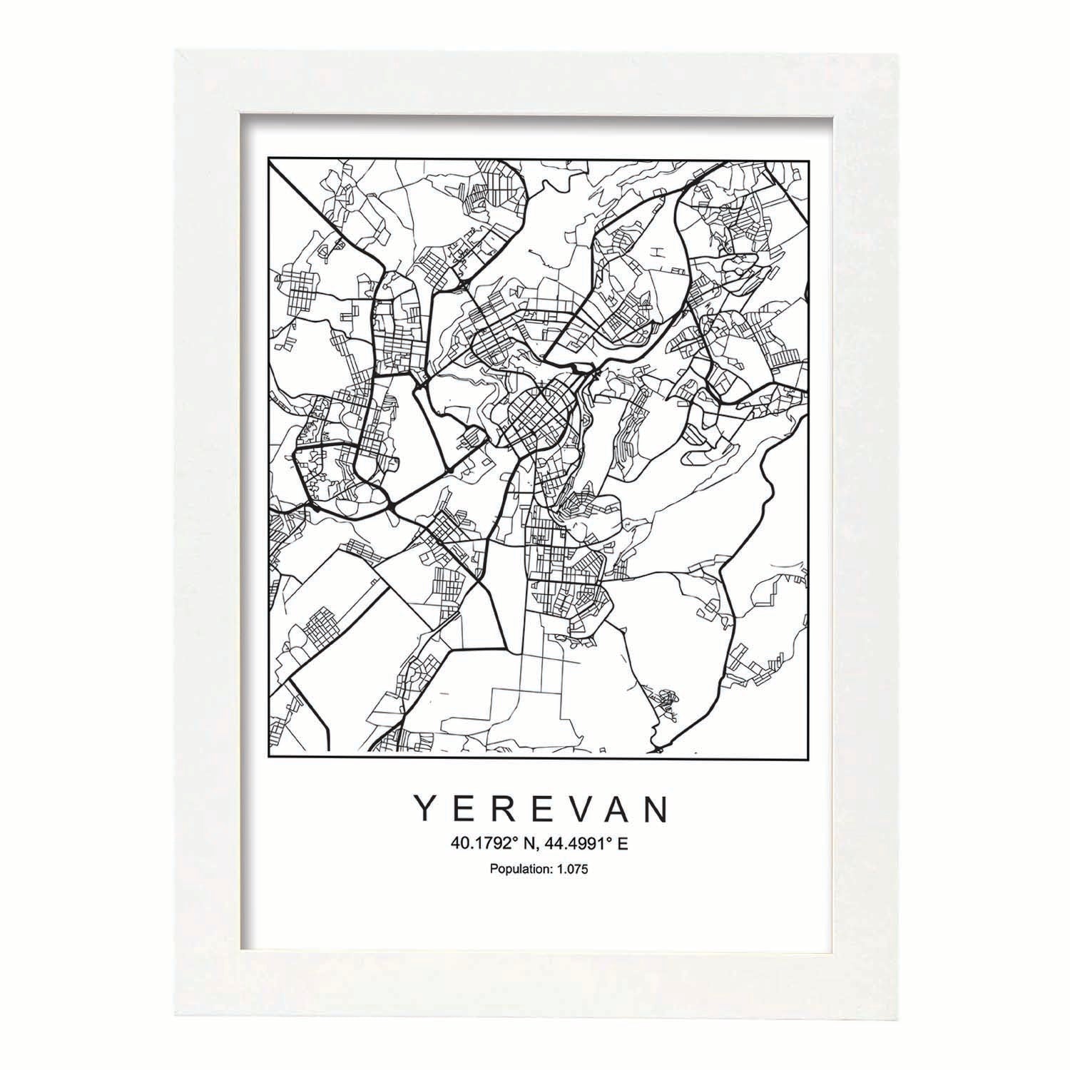 Lámina Mapa de la Ciudad Yerevan Estilo nordico en Blanco y negro.-Artwork-Nacnic-A4-Marco Blanco-Nacnic Estudio SL