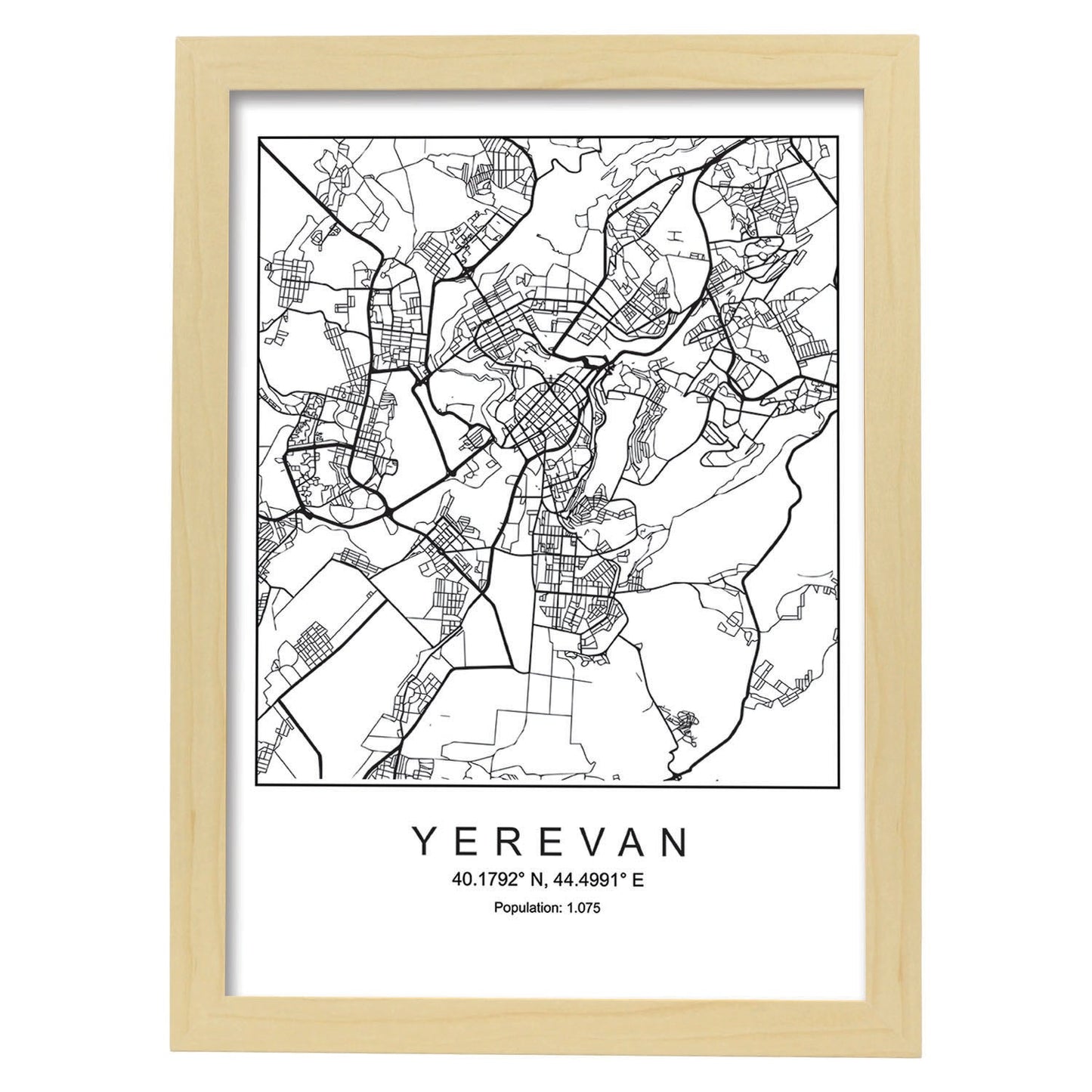 Lámina Mapa de la Ciudad Yerevan Estilo nordico en Blanco y negro.-Artwork-Nacnic-A4-Marco Madera clara-Nacnic Estudio SL
