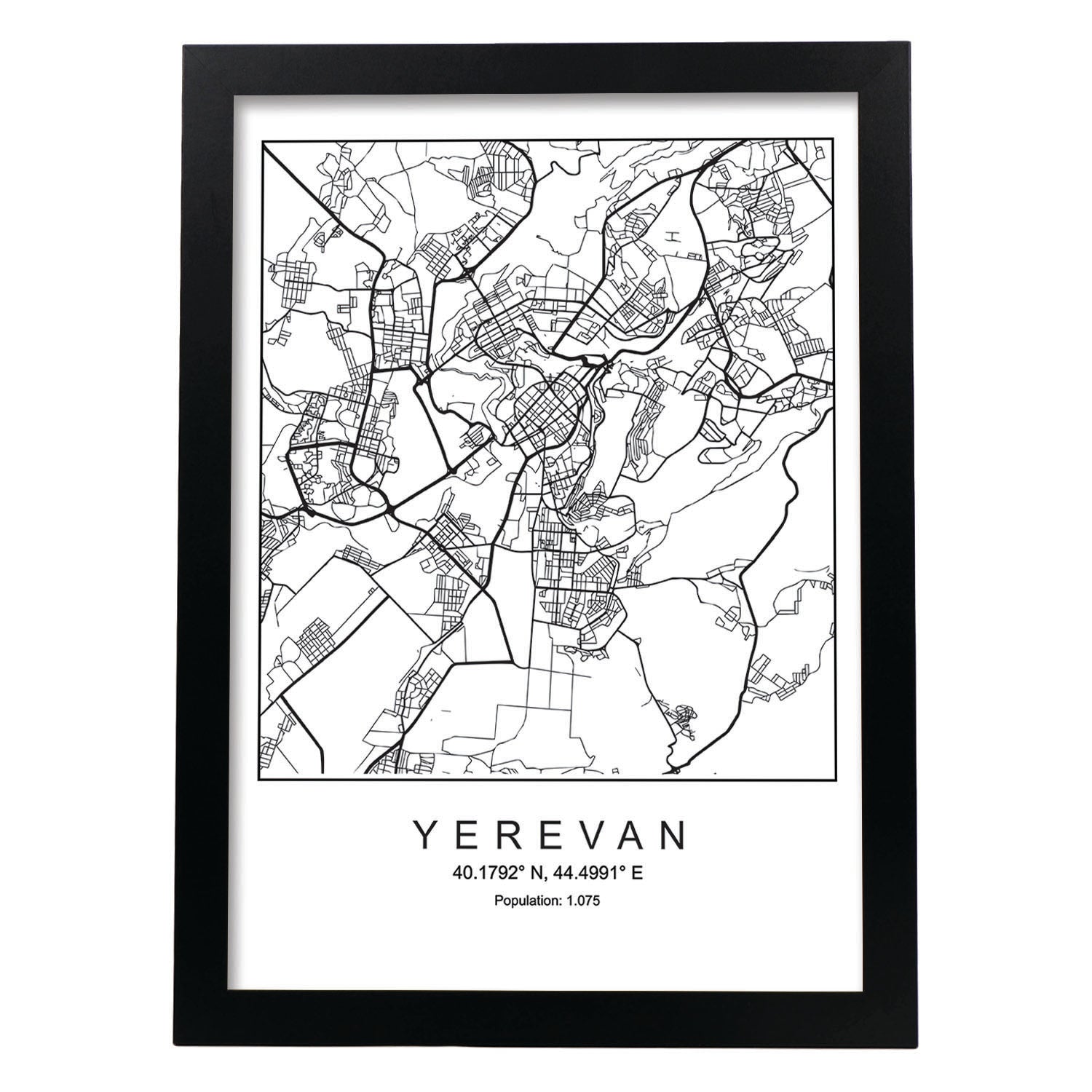 Lámina Mapa de la Ciudad Yerevan Estilo nordico en Blanco y negro.-Artwork-Nacnic-A4-Marco Negro-Nacnic Estudio SL