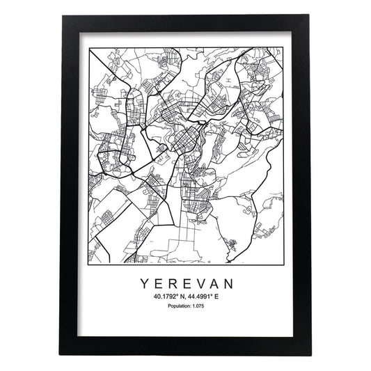 Lámina Mapa de la Ciudad Yerevan Estilo nordico en Blanco y negro.-Artwork-Nacnic-A4-Marco Negro-Nacnic Estudio SL