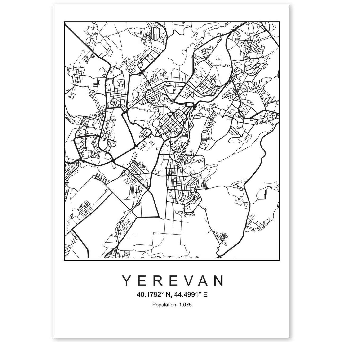 Lámina Mapa de la Ciudad Yerevan Estilo nordico en Blanco y negro.-Artwork-Nacnic-A4-Sin marco-Nacnic Estudio SL