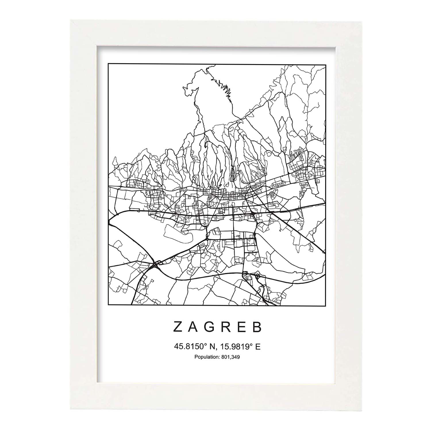 Lámina Mapa de la Ciudad Zagreb Estilo nordico en Blanco y negro.-Artwork-Nacnic-A3-Marco Blanco-Nacnic Estudio SL
