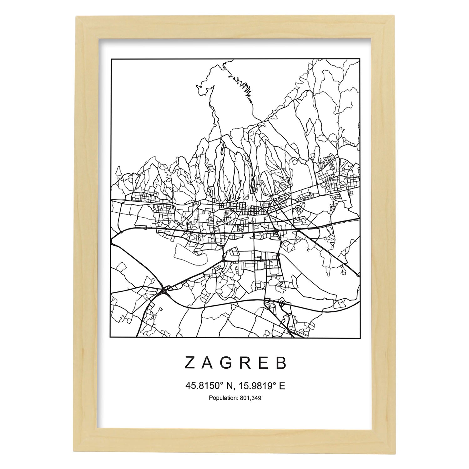 Lámina Mapa de la Ciudad Zagreb Estilo nordico en Blanco y negro.-Artwork-Nacnic-A3-Marco Madera clara-Nacnic Estudio SL